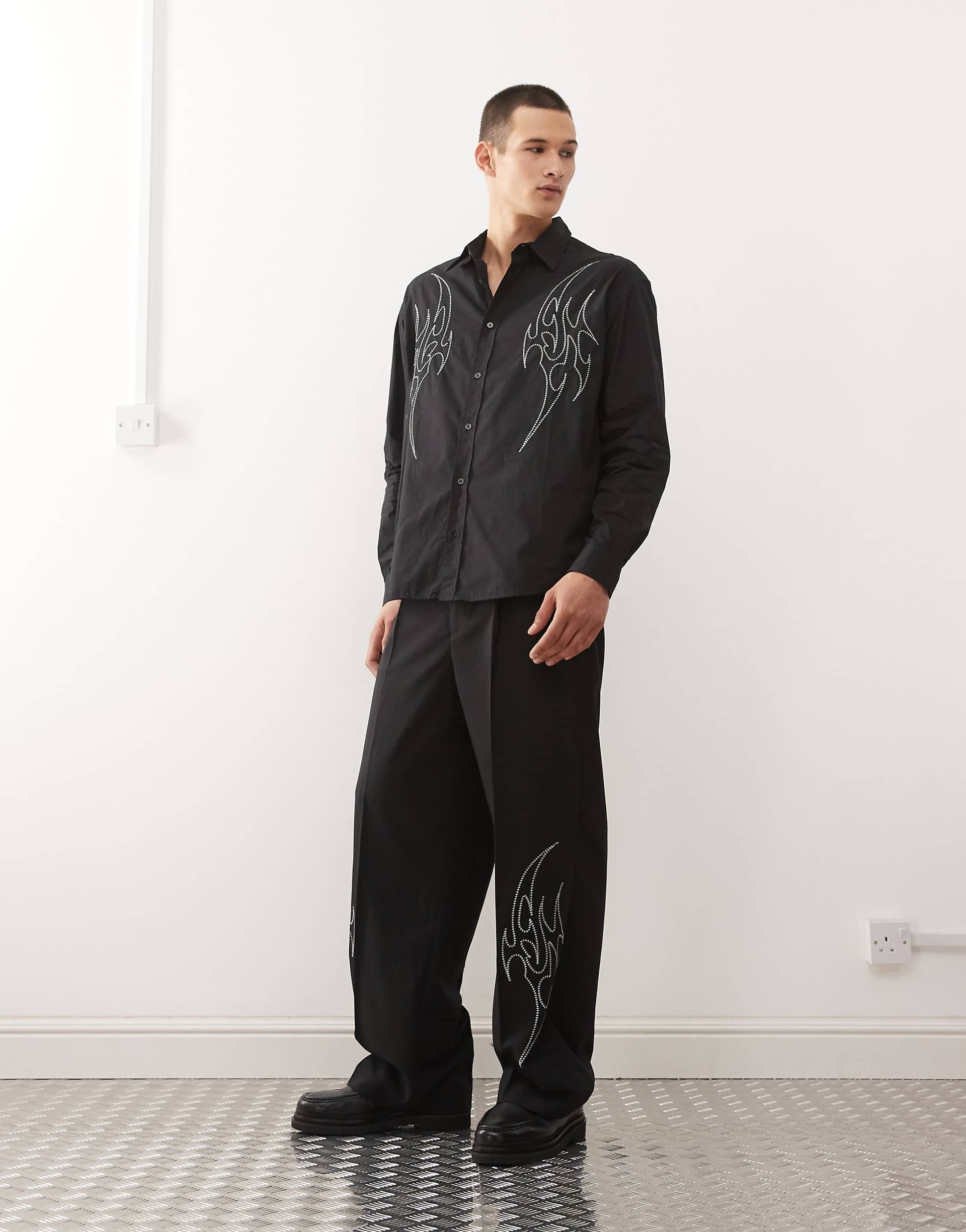Weekday tailored pants with silver embroidery in black - part of a set