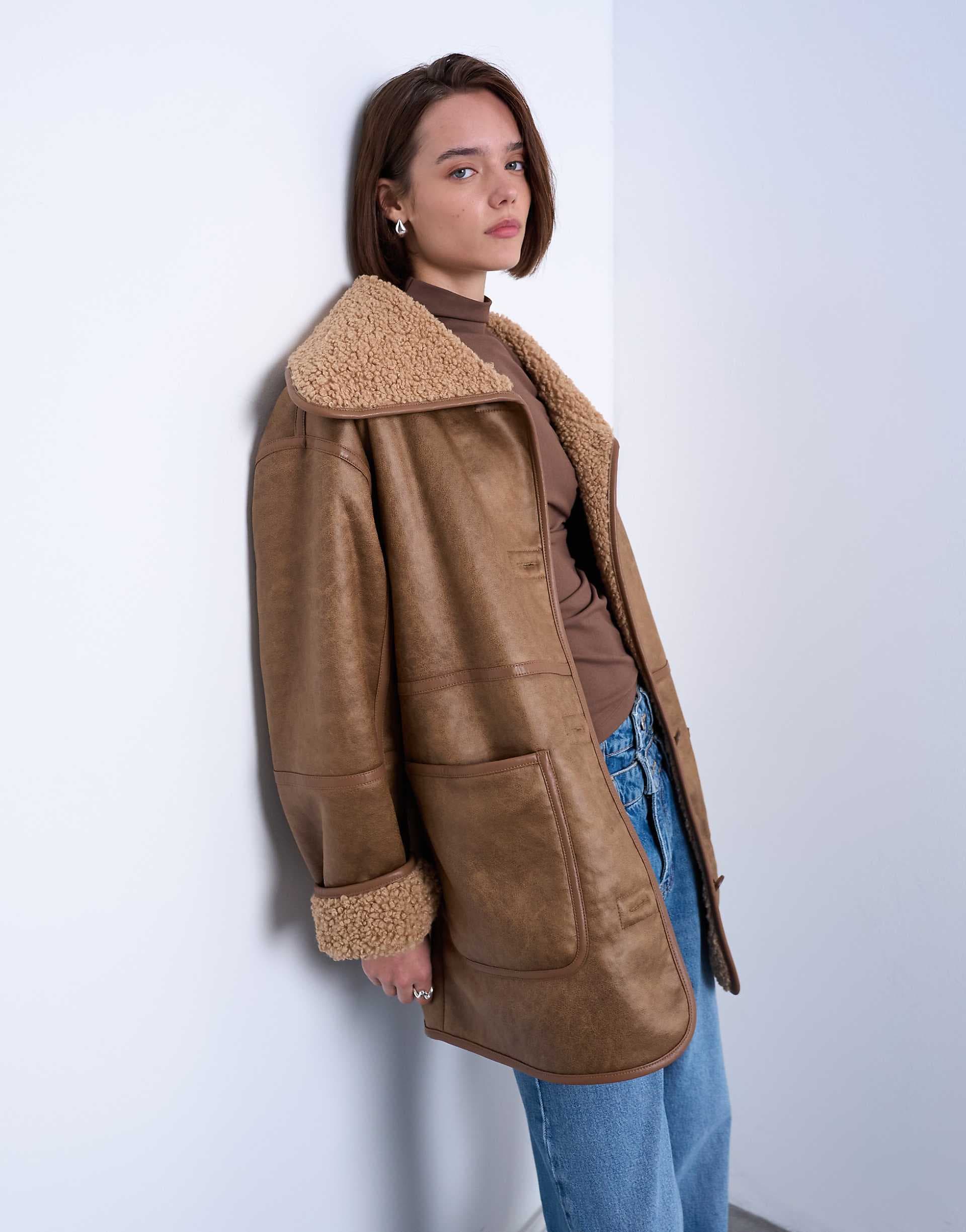Topshop faux shearling oversized patch pocket mid length car coat in caramel