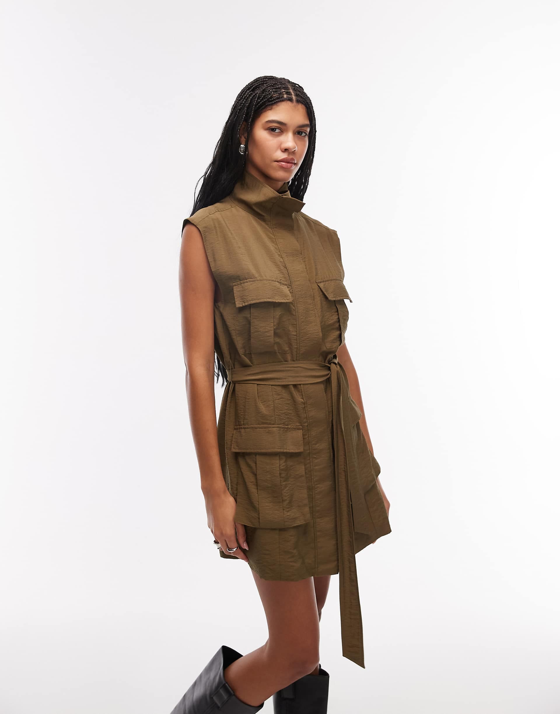 ASOS DESIGN utility style mini dress with tie waist in deep olive