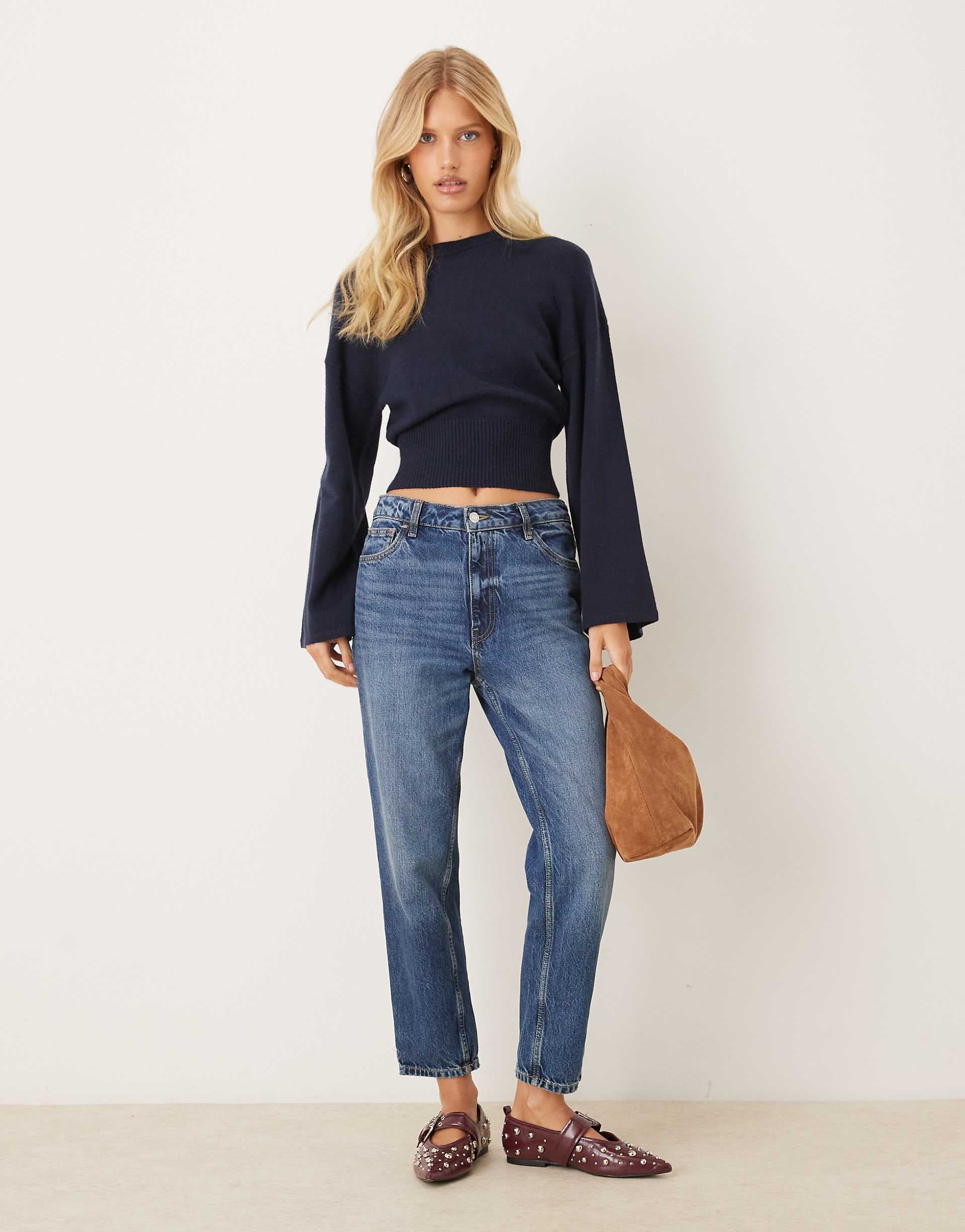 Gina Tricot crew neck wide sleeve knit sweater in navy blue
