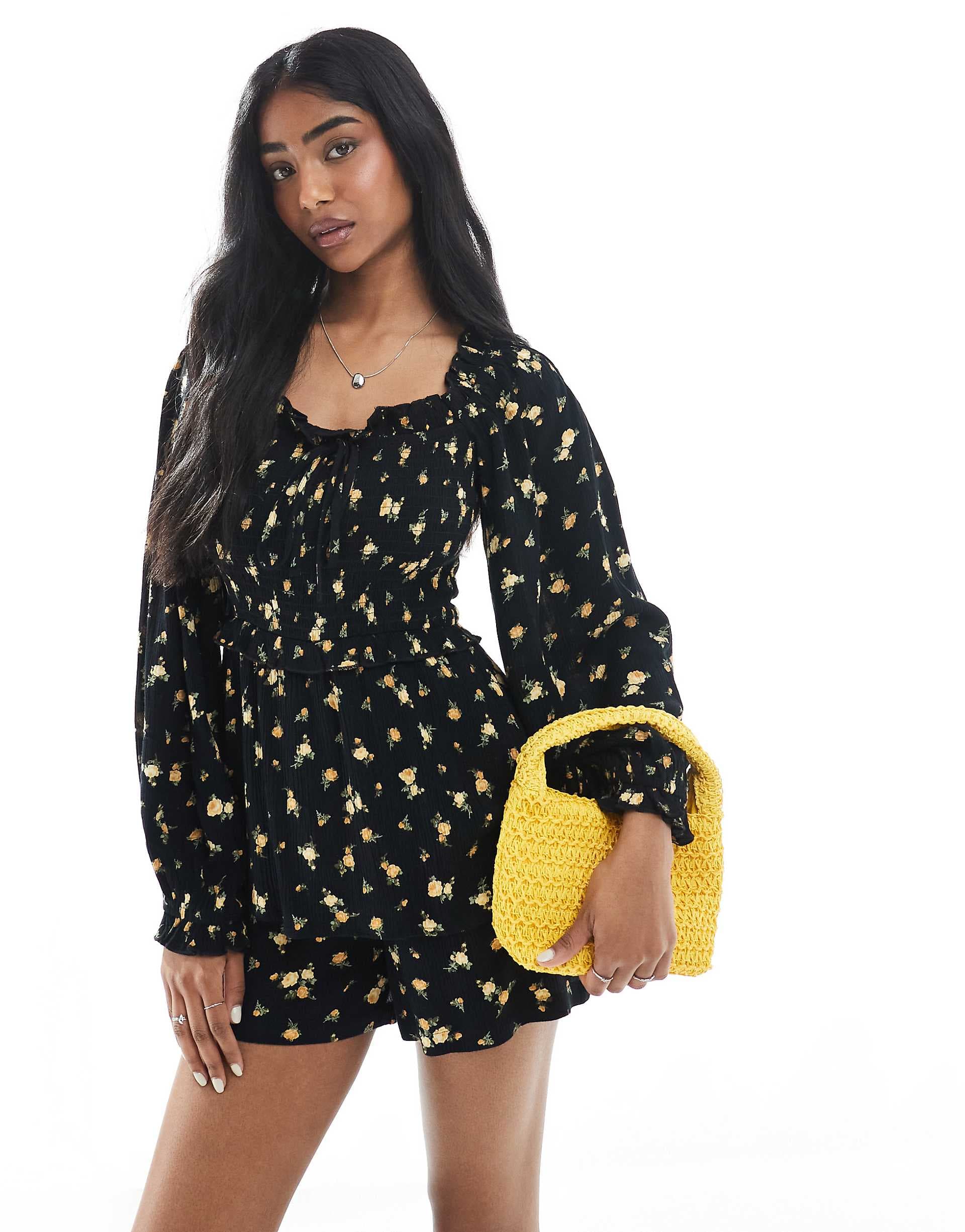 Miss Selfridge long sleeve floral romper in black