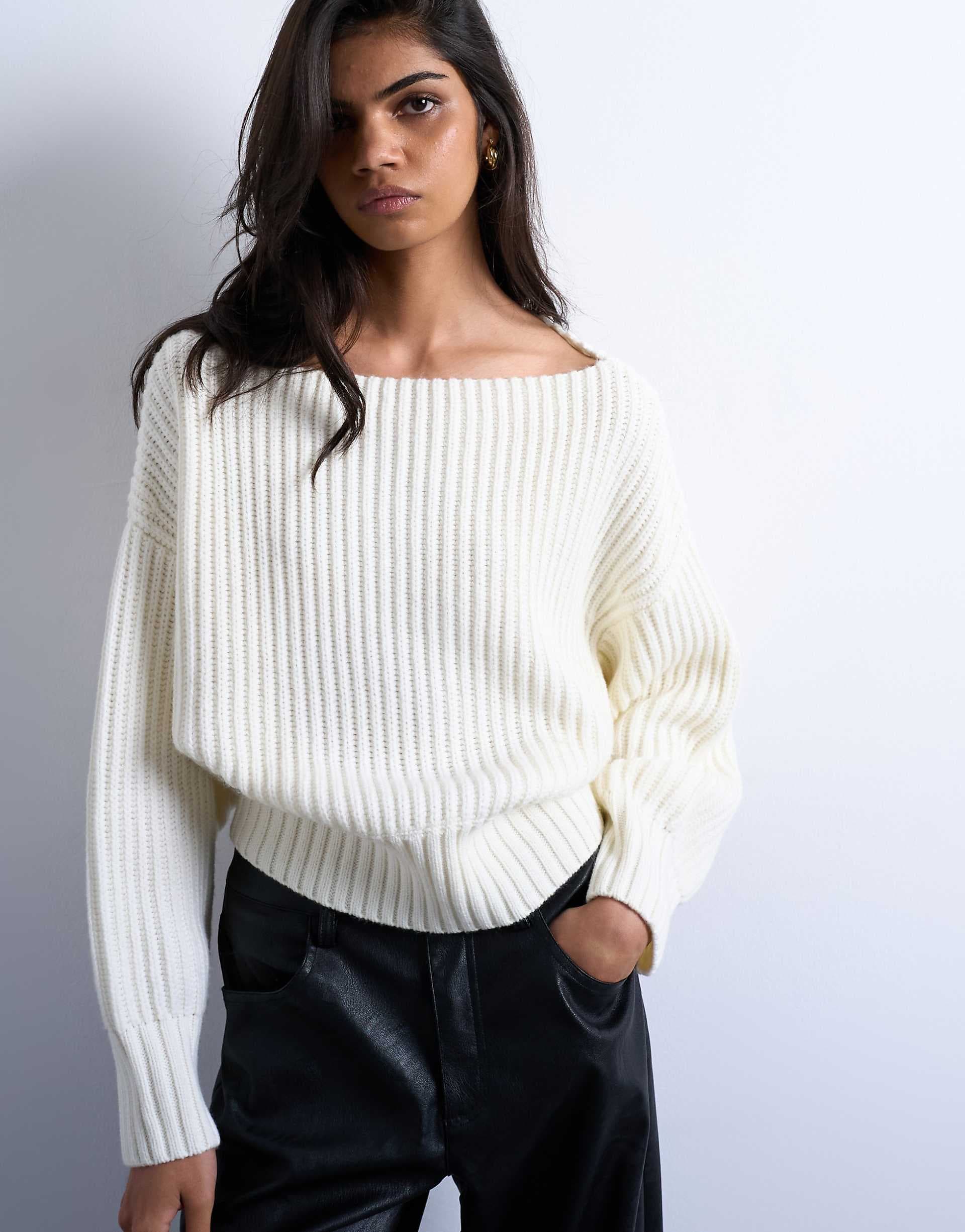 Topshop knit slash neck sweater in ivory
