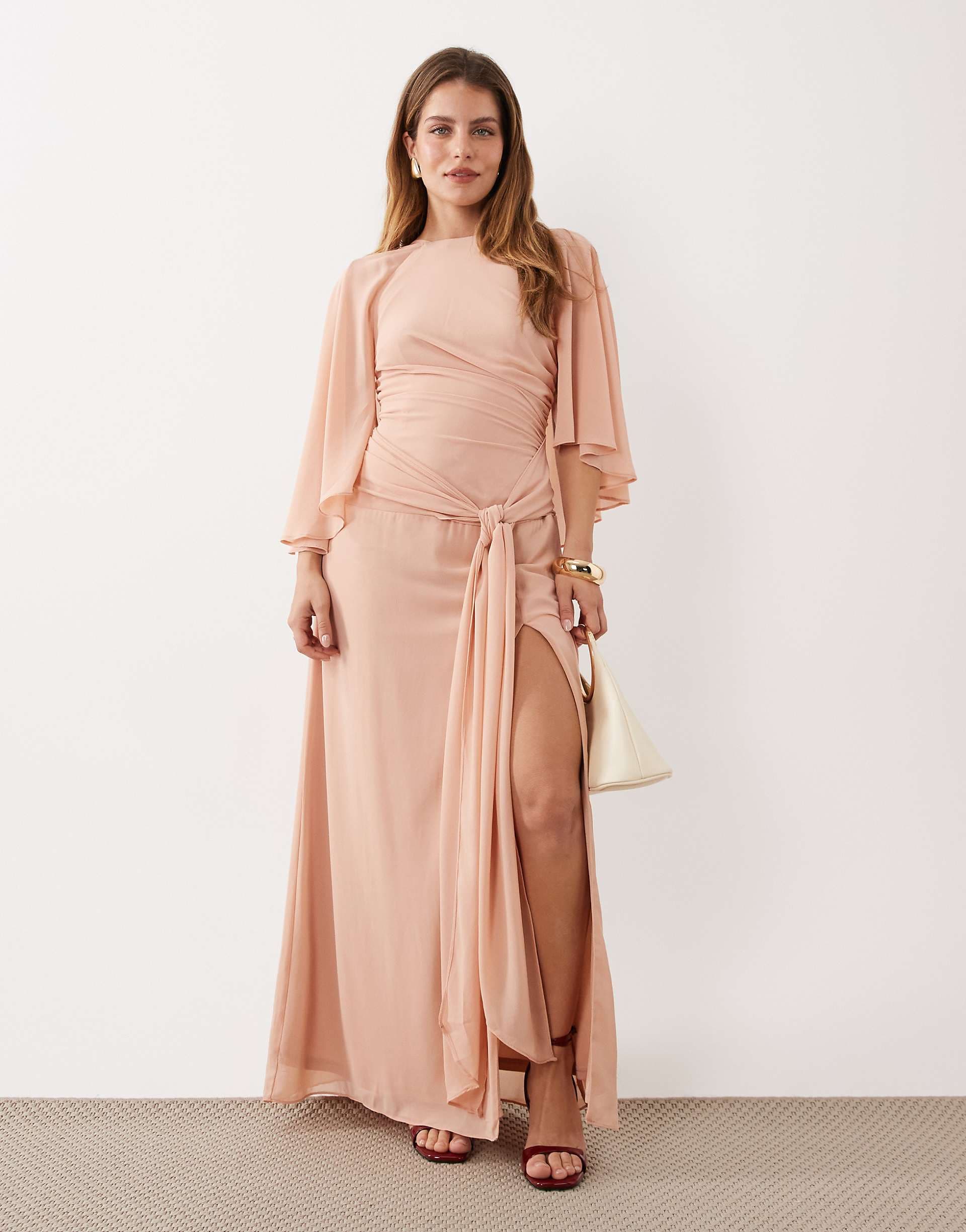 TFNC Petite Bridesmaids cape chiffon maxi dress with tie front in pink