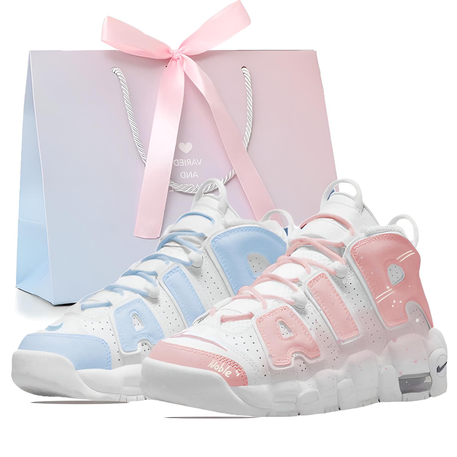 Nike Air More Uptempo Custom Sneakers 'Sweet & Cool Twins' Gift Bag Mismatch Color Block Cute Girly Splatter Paint Winter Casual Shoes GS Mid-Top Retro Basketball Shoes Women's Blue Pink