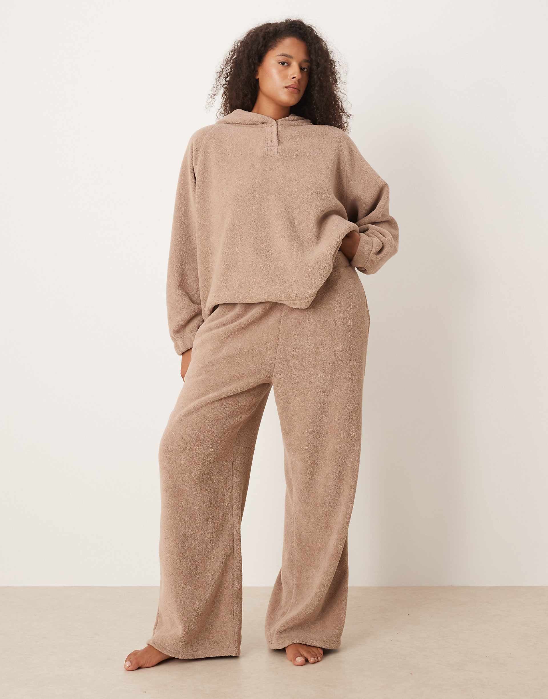 ASOS DESIGN Curve lounge microfleece wide leg pants in taupe