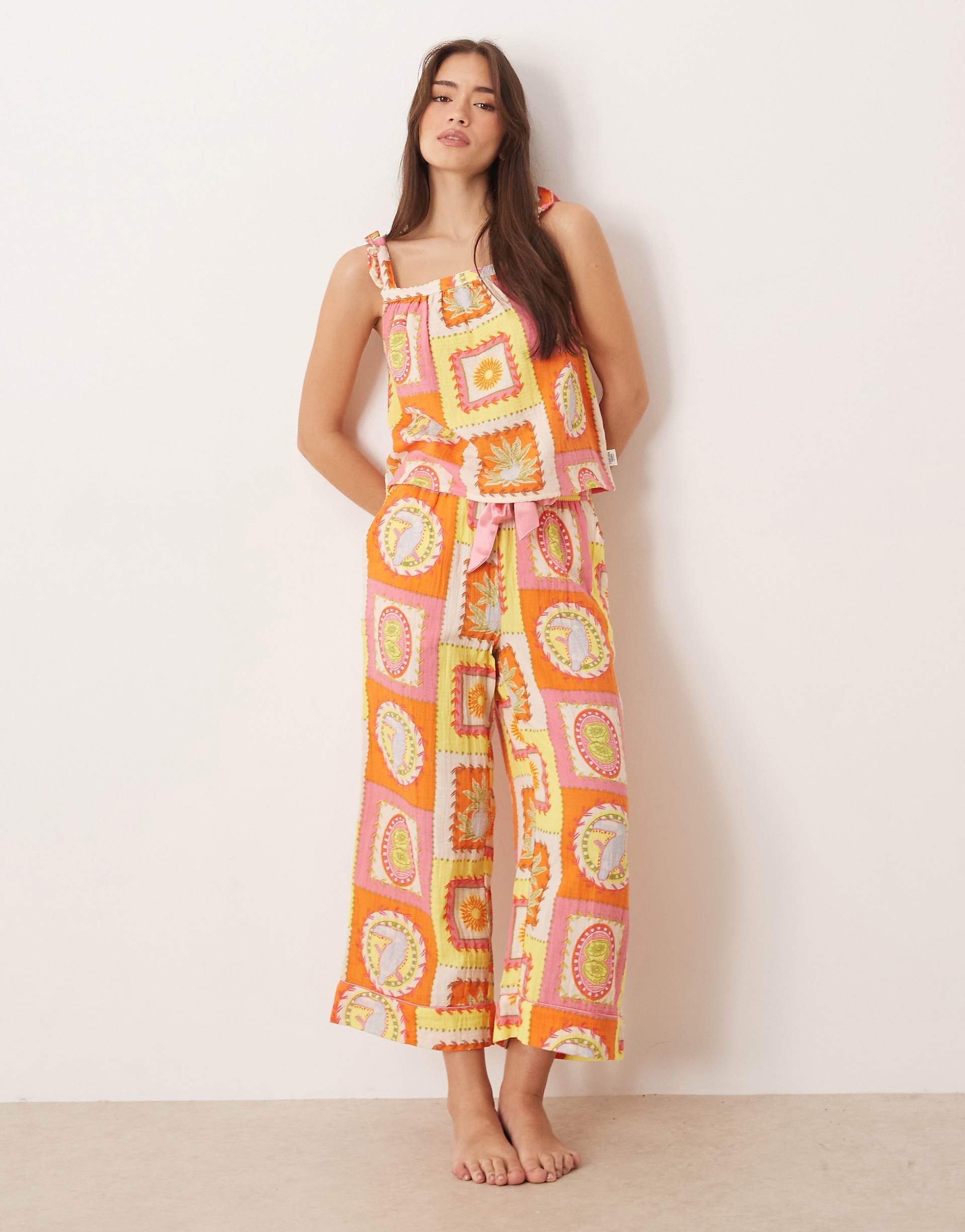 Chelsea Peers tropical grid print cheesecloth cami top and long pants sleepwear set in multi