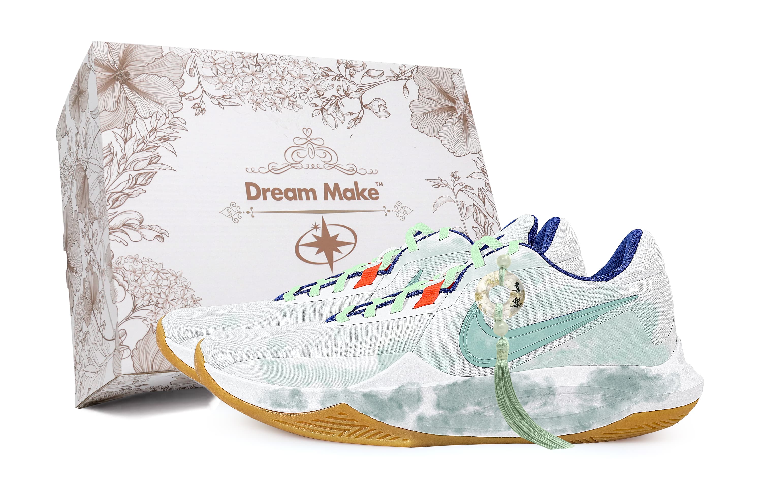 Custom Sneakers Nike Precision 6 'Bamboo Ink Wash - White Gift Box' New Chinese Style Ink Wash Trendy Fashion Fabric Slip-Resistant Wear-Resistant Low-Top Basketball Shoes Men's Light Cyan