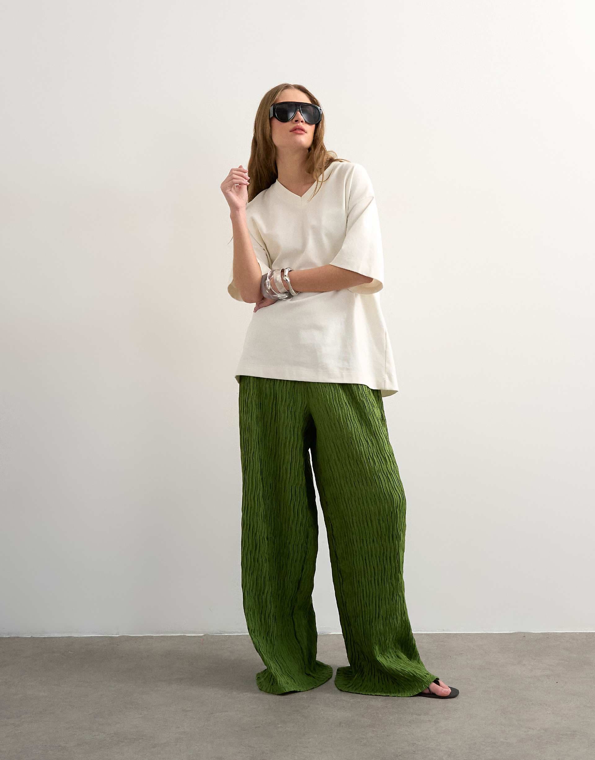 Topshop plissé straight leg pants in green