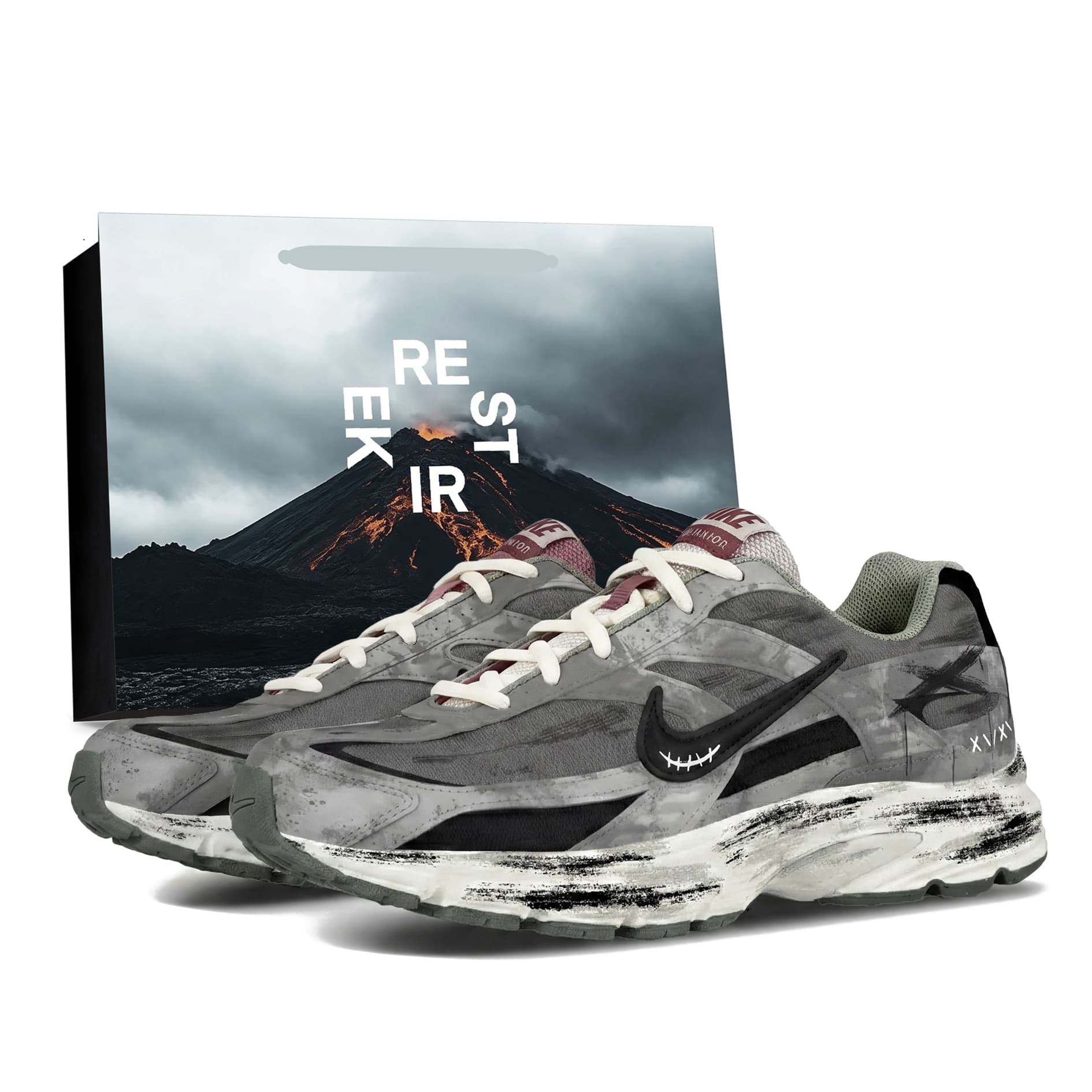 Custom Sneakers Nike Initiator Marionette Gift Bag Edition Hand-Painted Simple Fashion Comfortable Versatile Distressed Splatter Ink Daily Commute Cushioning Wear-Resistant Breathable Support Low-Top Casual Running Shoes Men's Gray