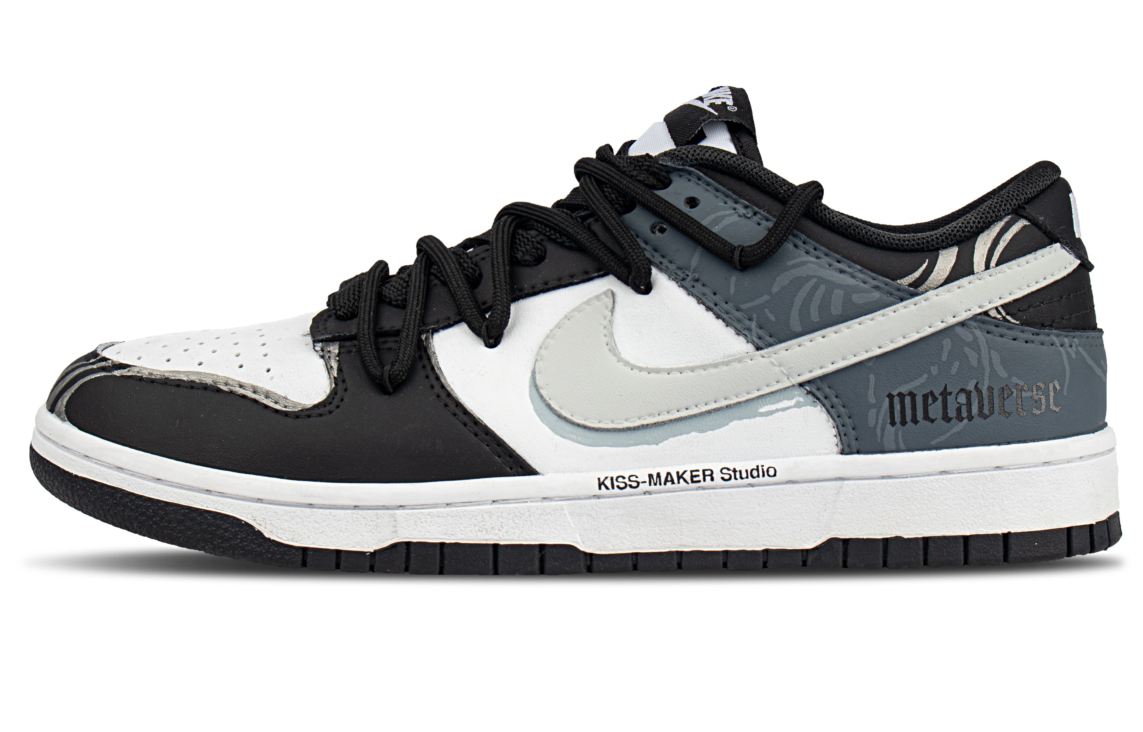 Custom Sneakers: Nike Dunk 'Cyber Kiss Mark' Deconstructed Style Color Block Design Edition Minimalist Retro Comfortable Versatile Supportive Cushioning Low-Top Skate Shoes Unisex Black Blue