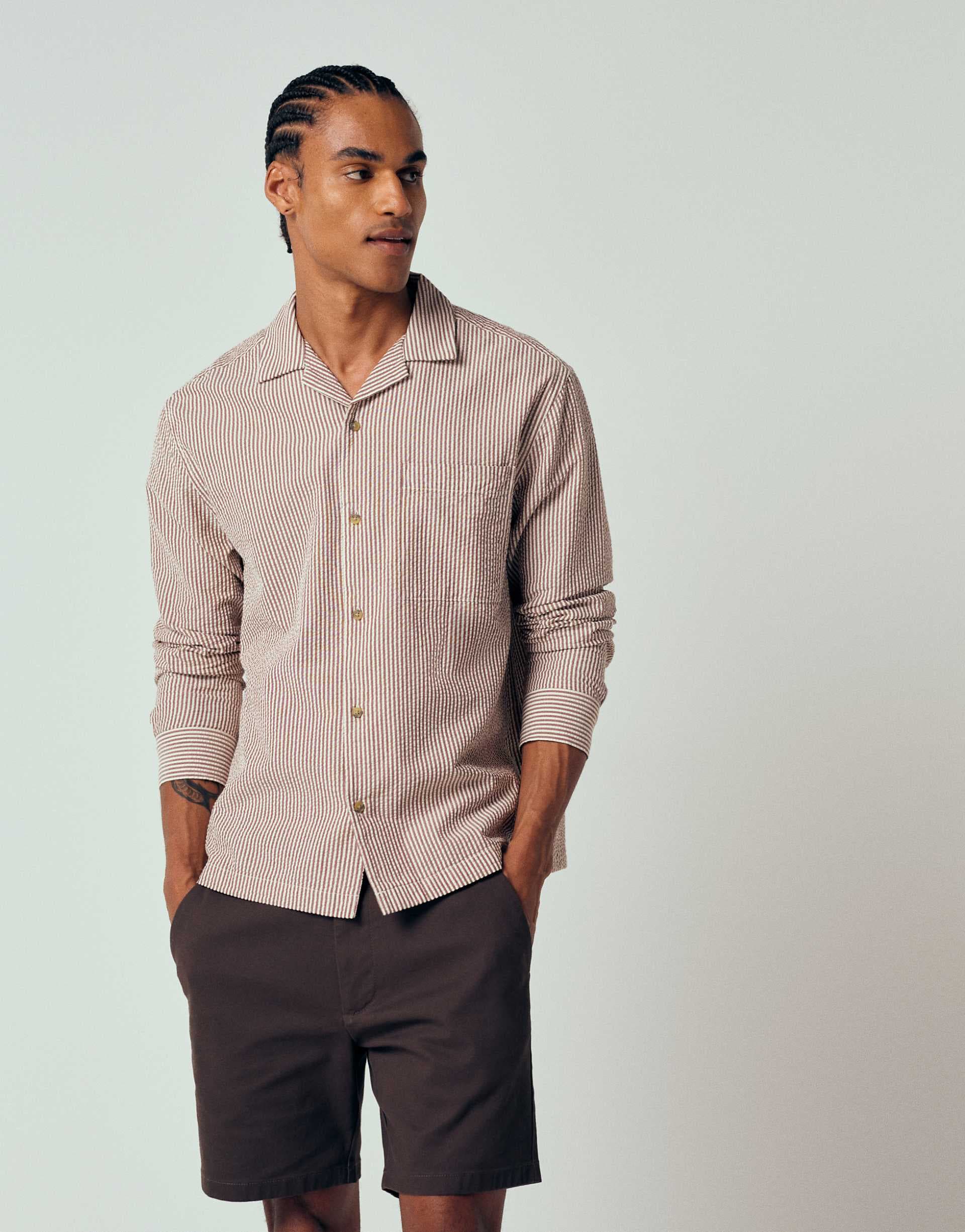 ASOS DESIGN relaxed camp collar seersucker striped shirt in burgundy