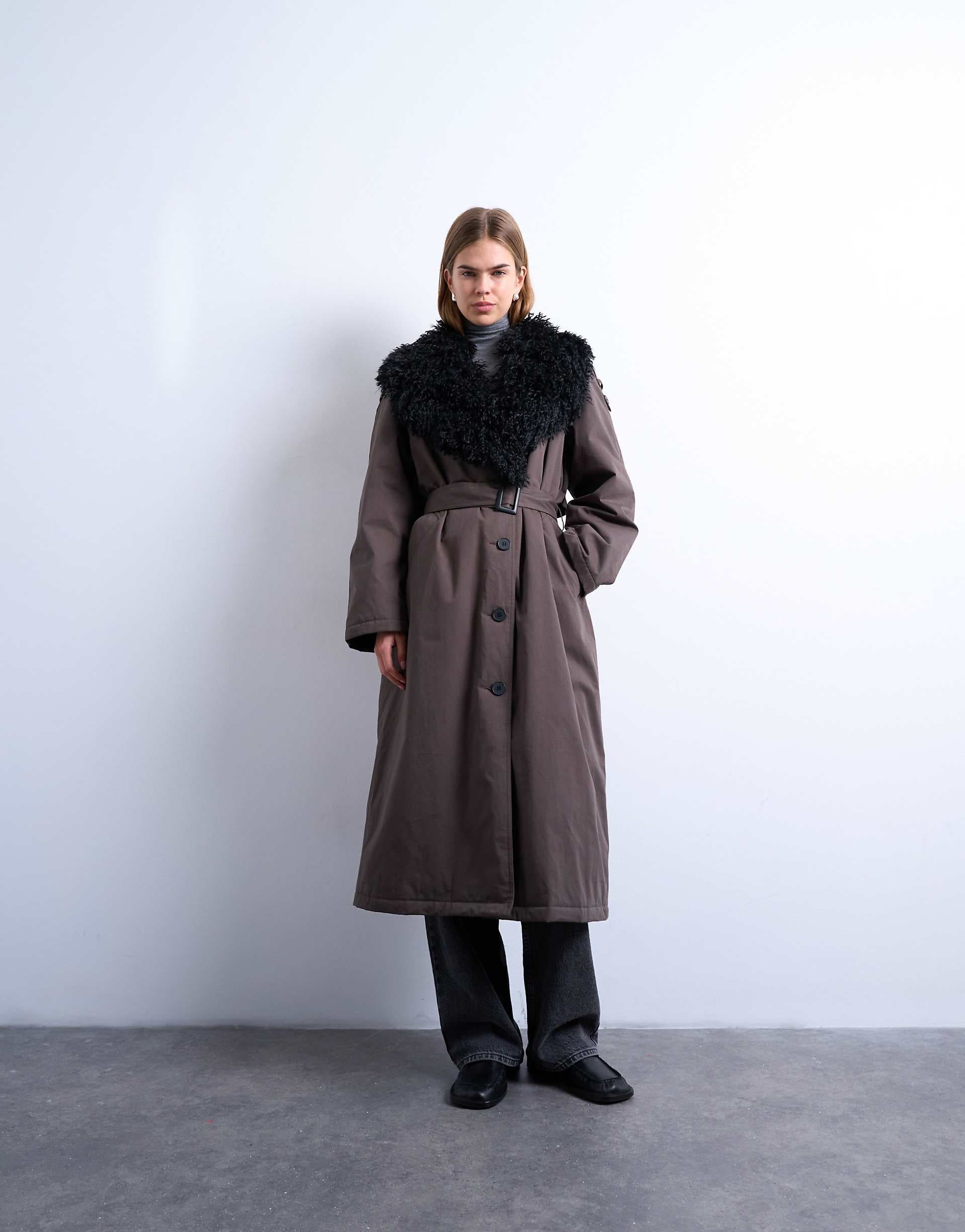 Topshop faux fur collar trench coat in brown