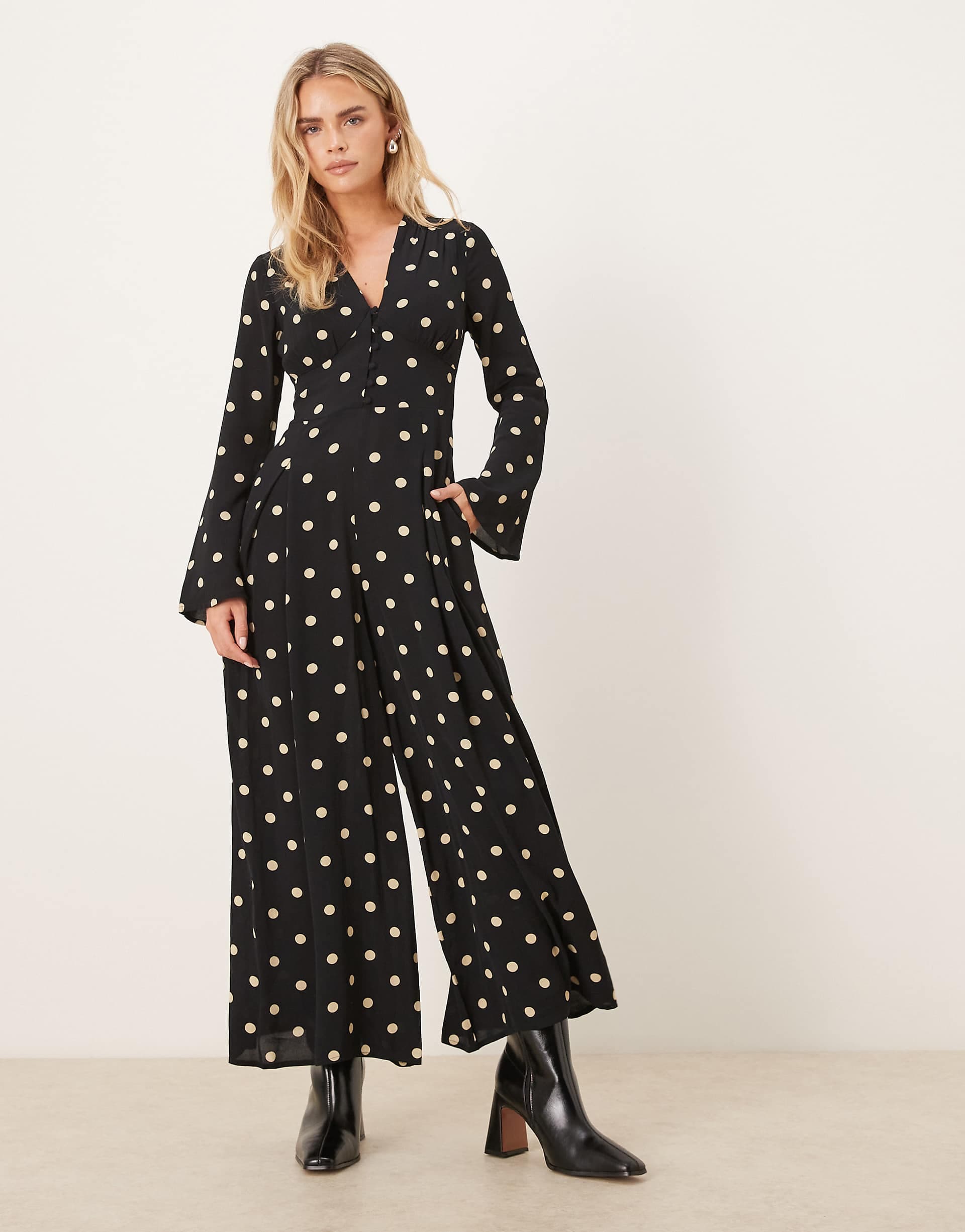 Nobody's Child Petite Valencia v-neck button front jumpsuit in black polka dots