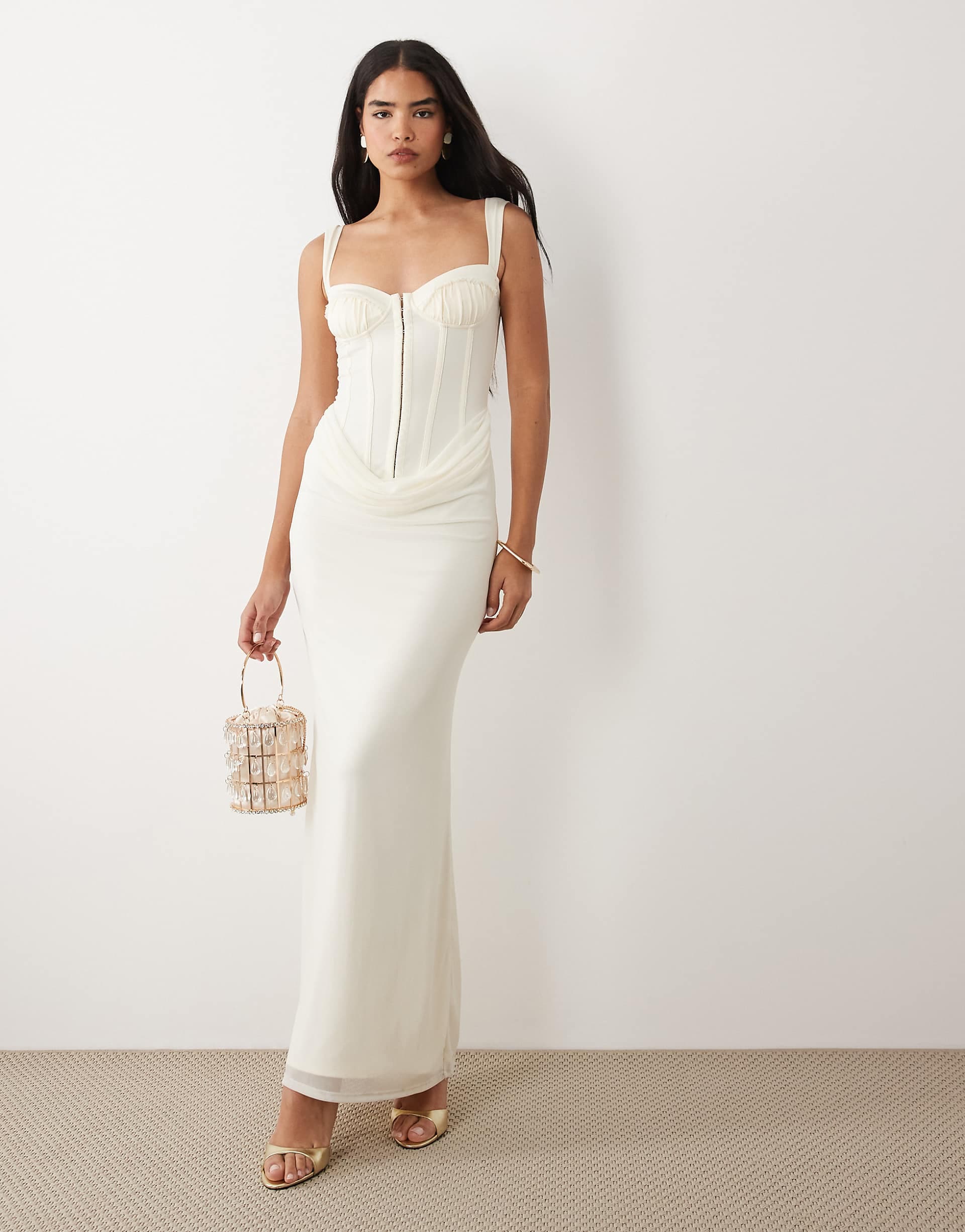 Tiger Mist Ginny corset detail drape waist maxi dress in off-white