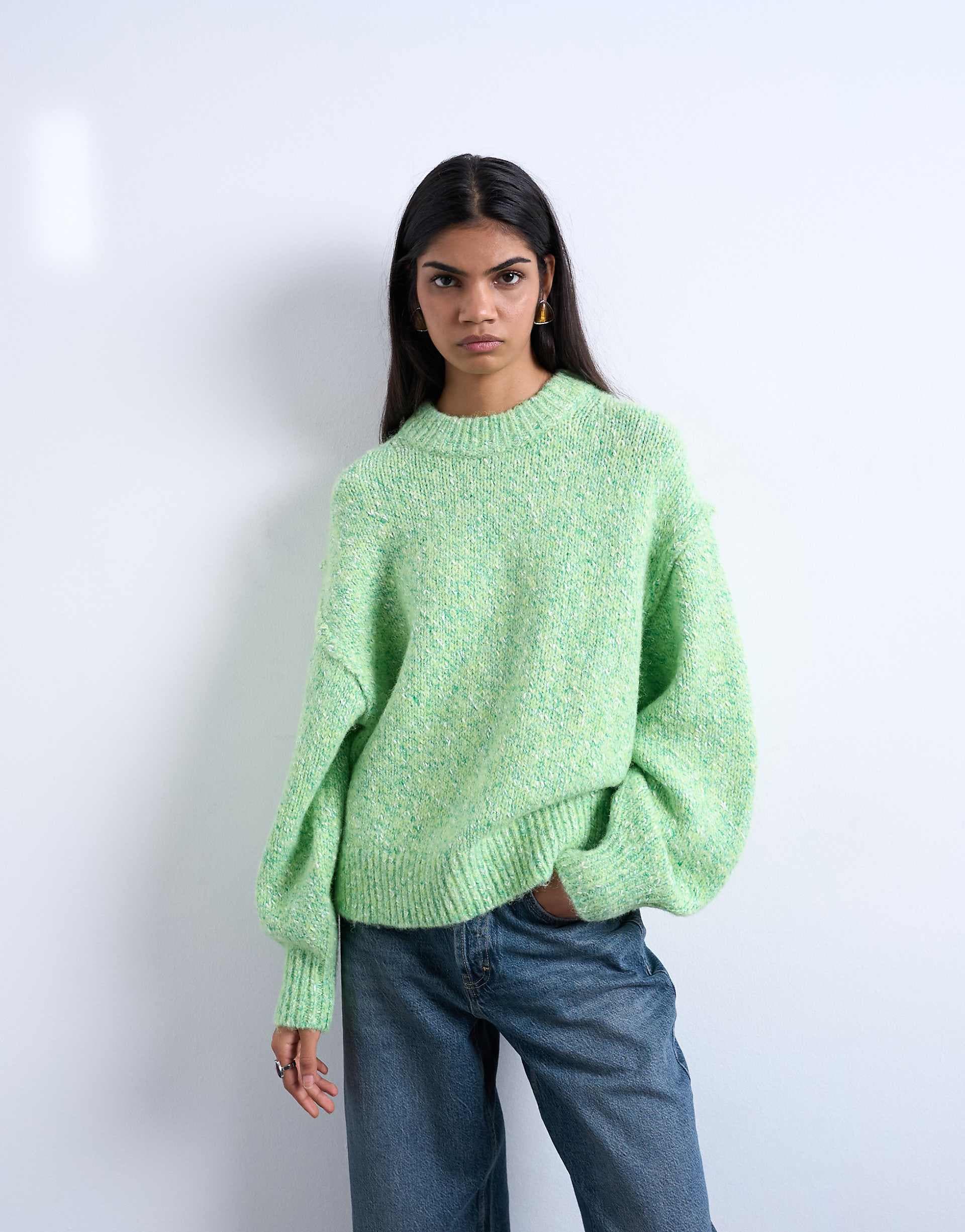 Topshop knit fluffy twist yarn sweater in green
