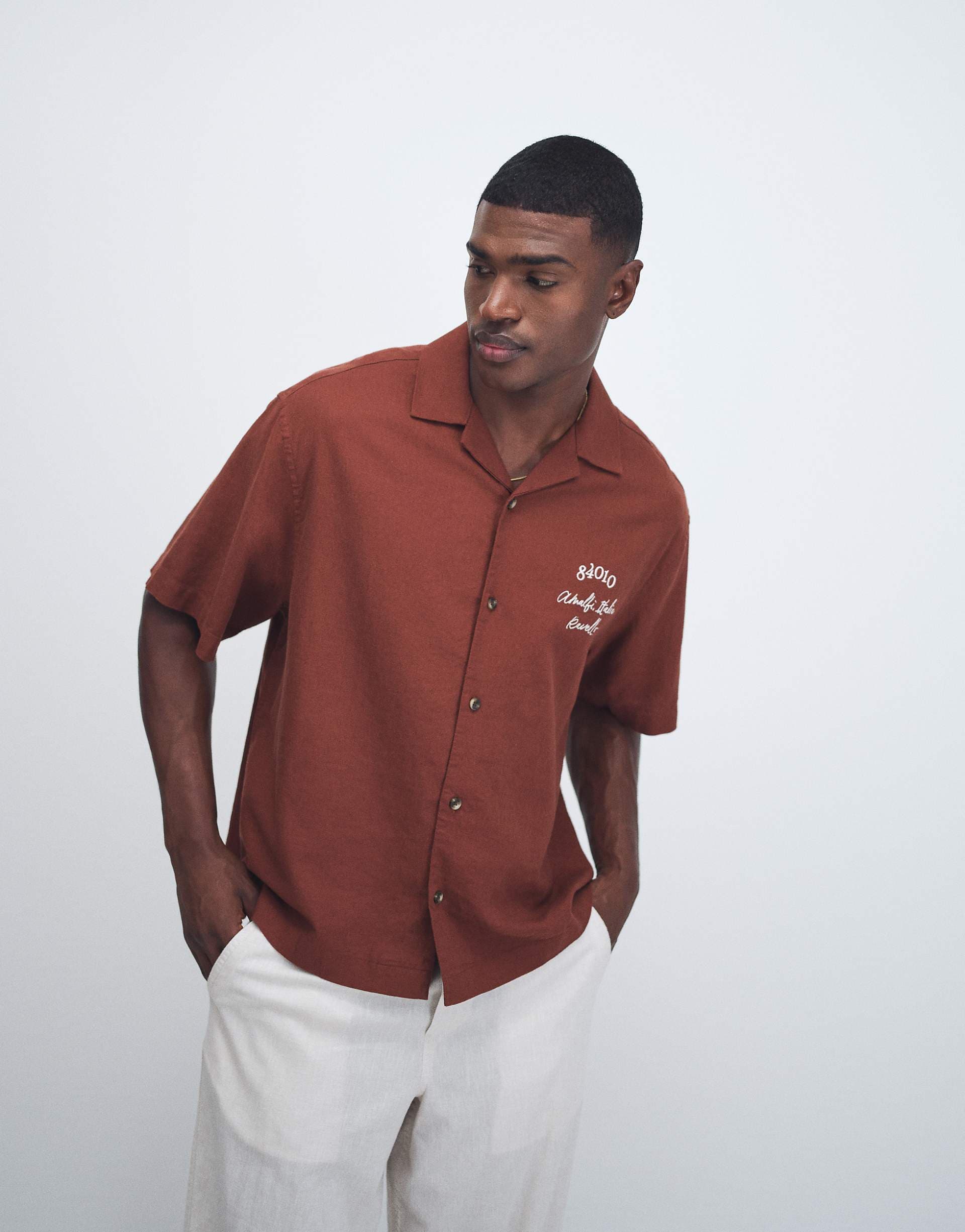 ASOS DESIGN oversized revere linen blend shirt with back and chest embroidery in brown