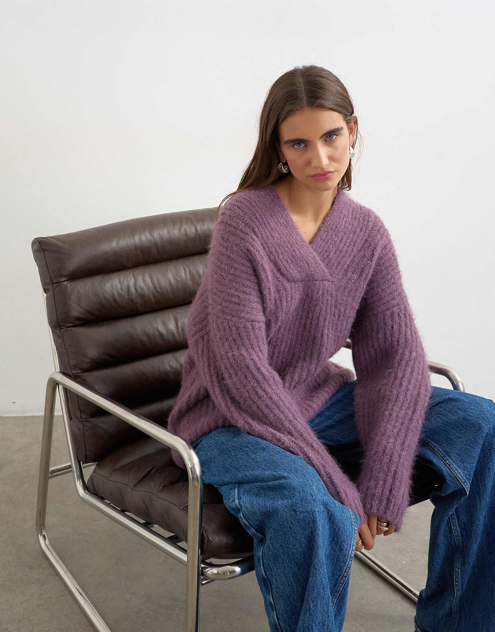 Topshop chunky knit shawl collar sweater in bruised purple