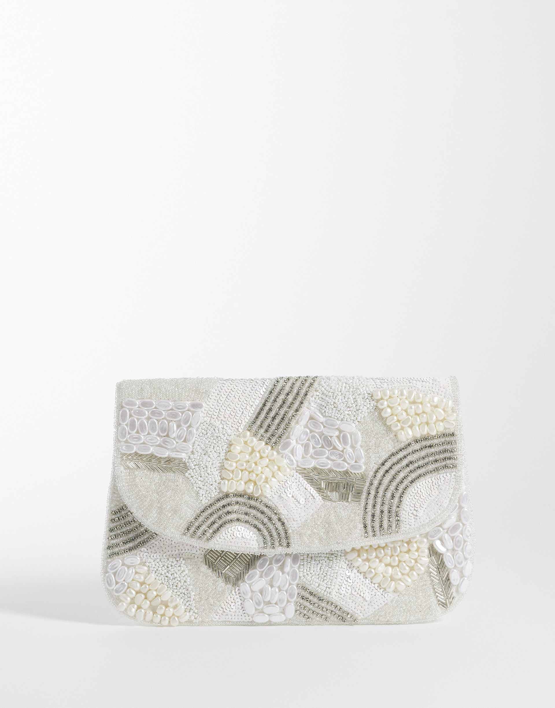 True Decadence faux pearl embellished envelope clutch purse in white