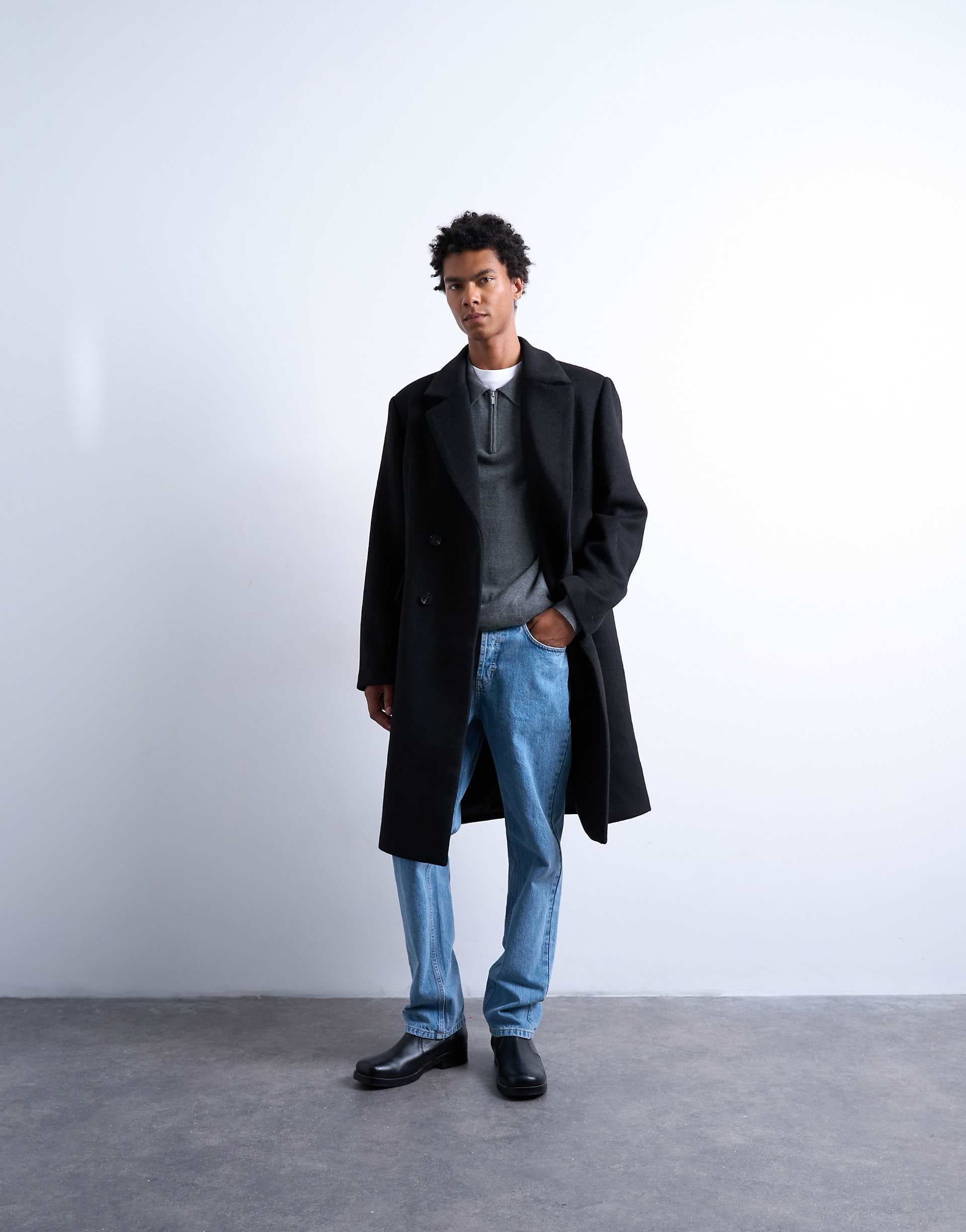 Topman double breasted wool blend overcoat in black