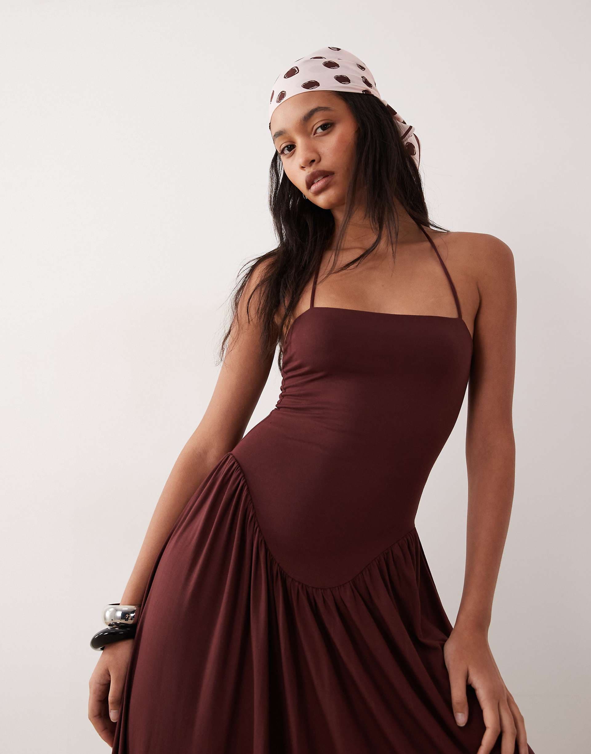 ASOS DESIGN drop waist halter neck sundress in chocolate