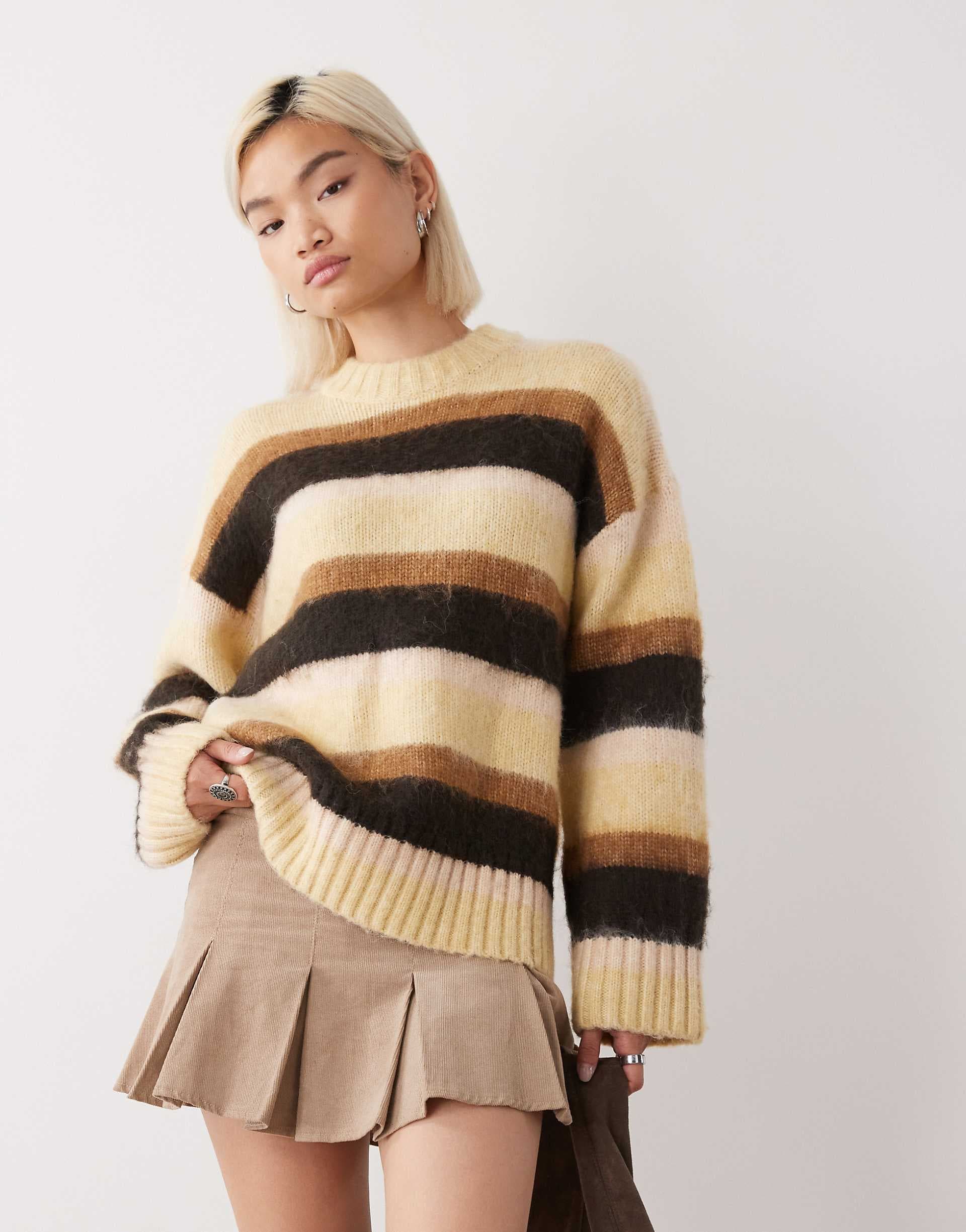Monki oversized fluffy stripe sweater in butter yellow