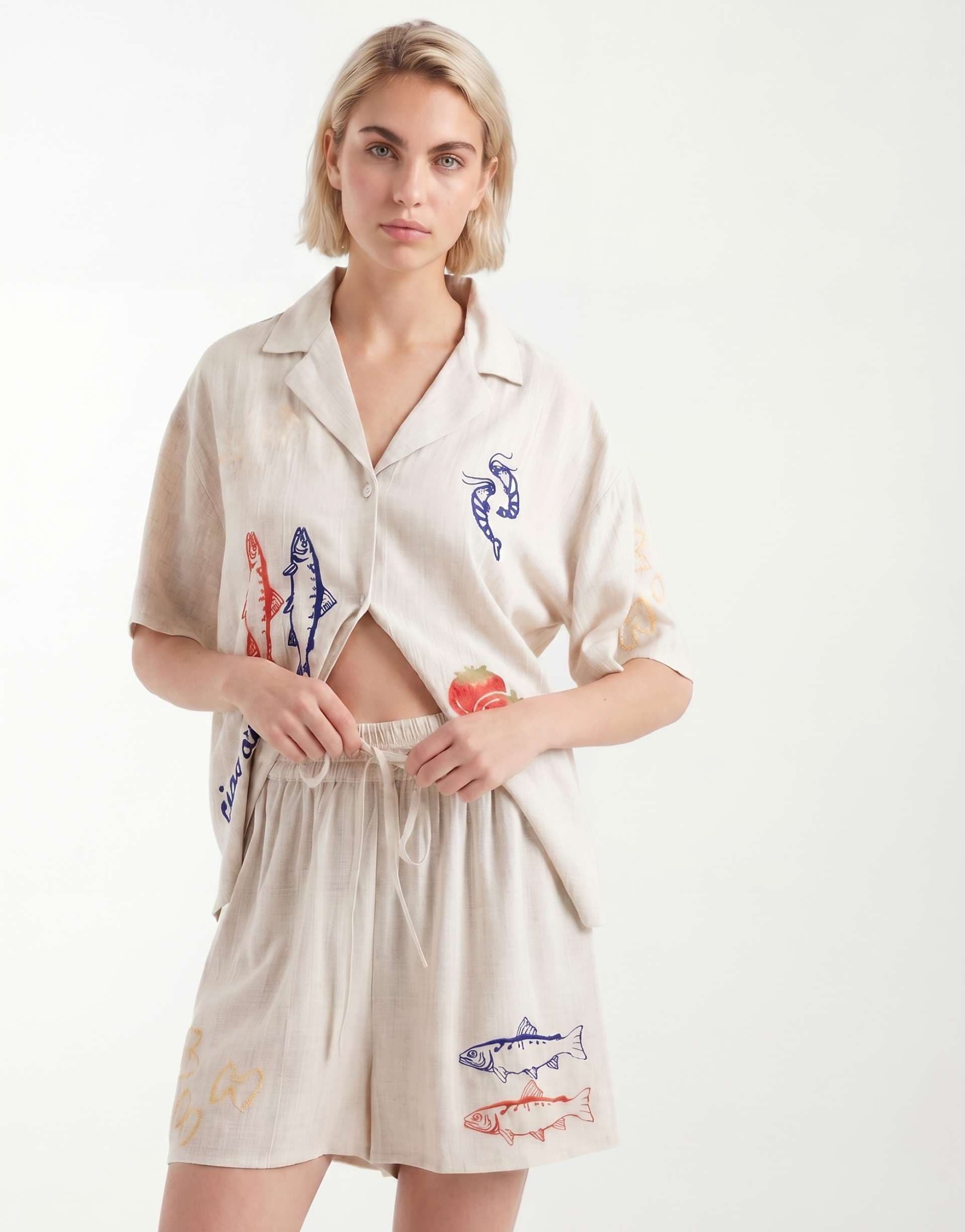 ASOS DESIGN embroidered linen mix shorts in stone - part of a set