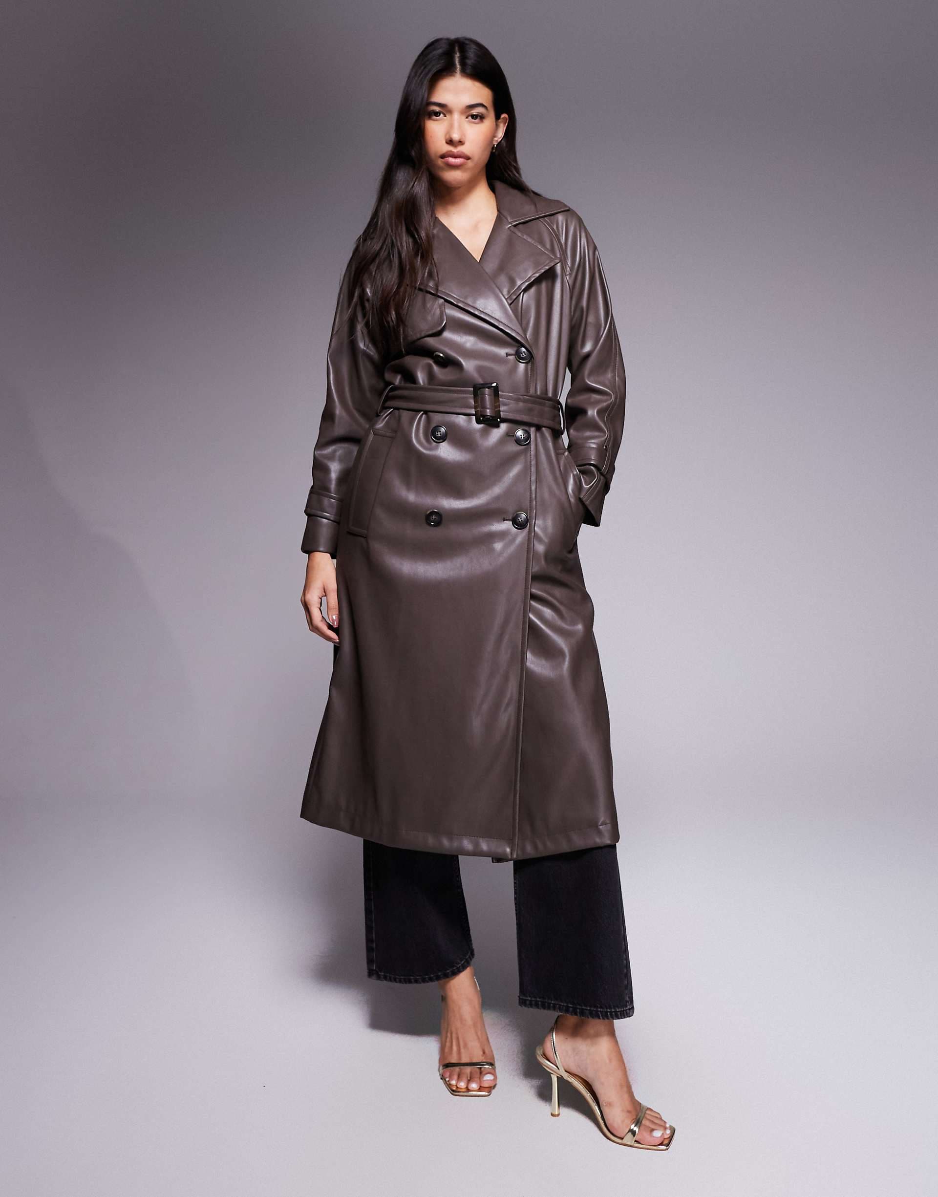 River Island faux leather trench coat in dark brown