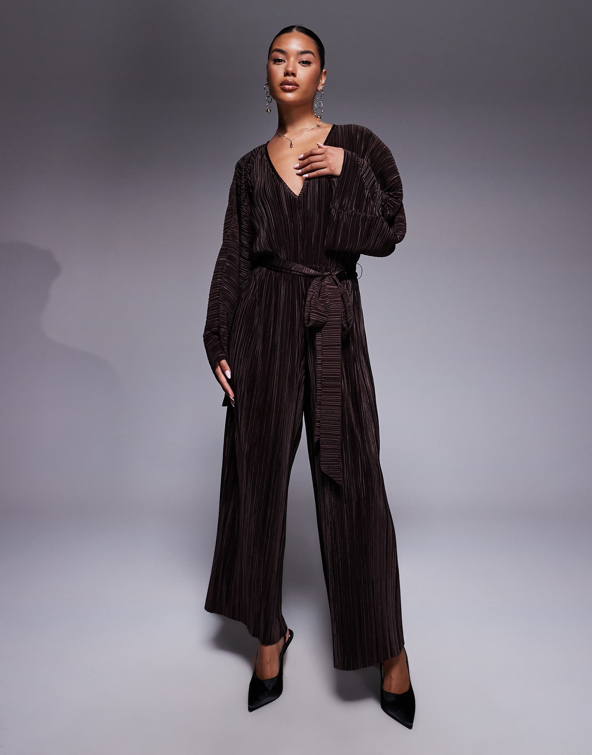 ASOS DESIGN plisse V-front tie back waist wide leg jumpsuit in chocolate