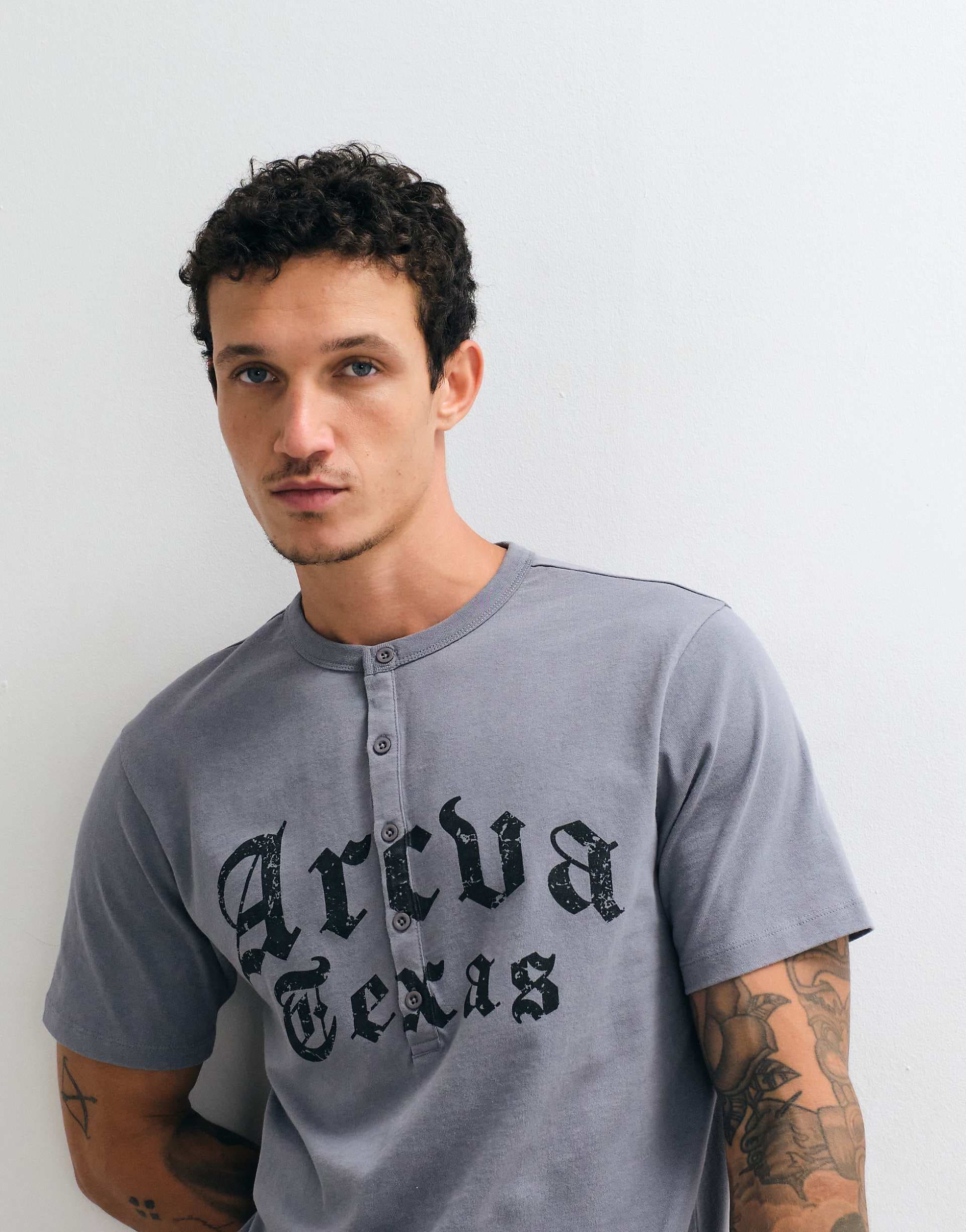 ASOS DESIGN heavyweight boxy regular Henley T-shirt with Texas text graphic in gray wash