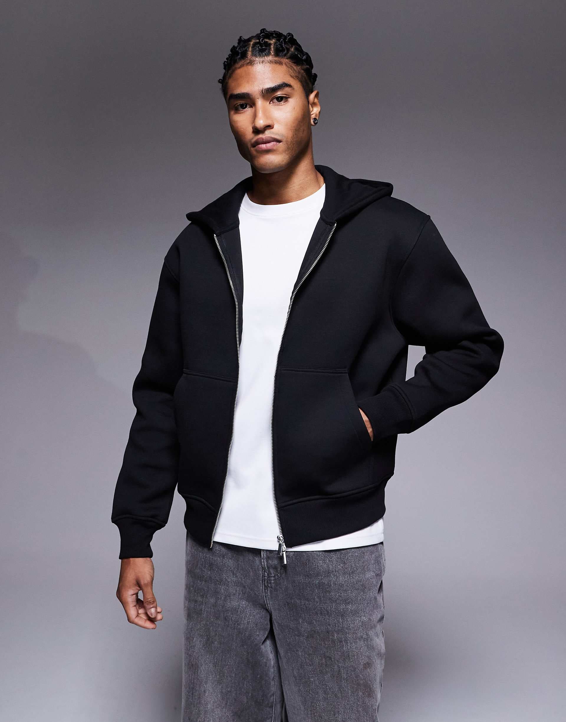 ASOS DESIGN heavyweight relaxed boxy zip up hoodie in scuba-style fabric in black