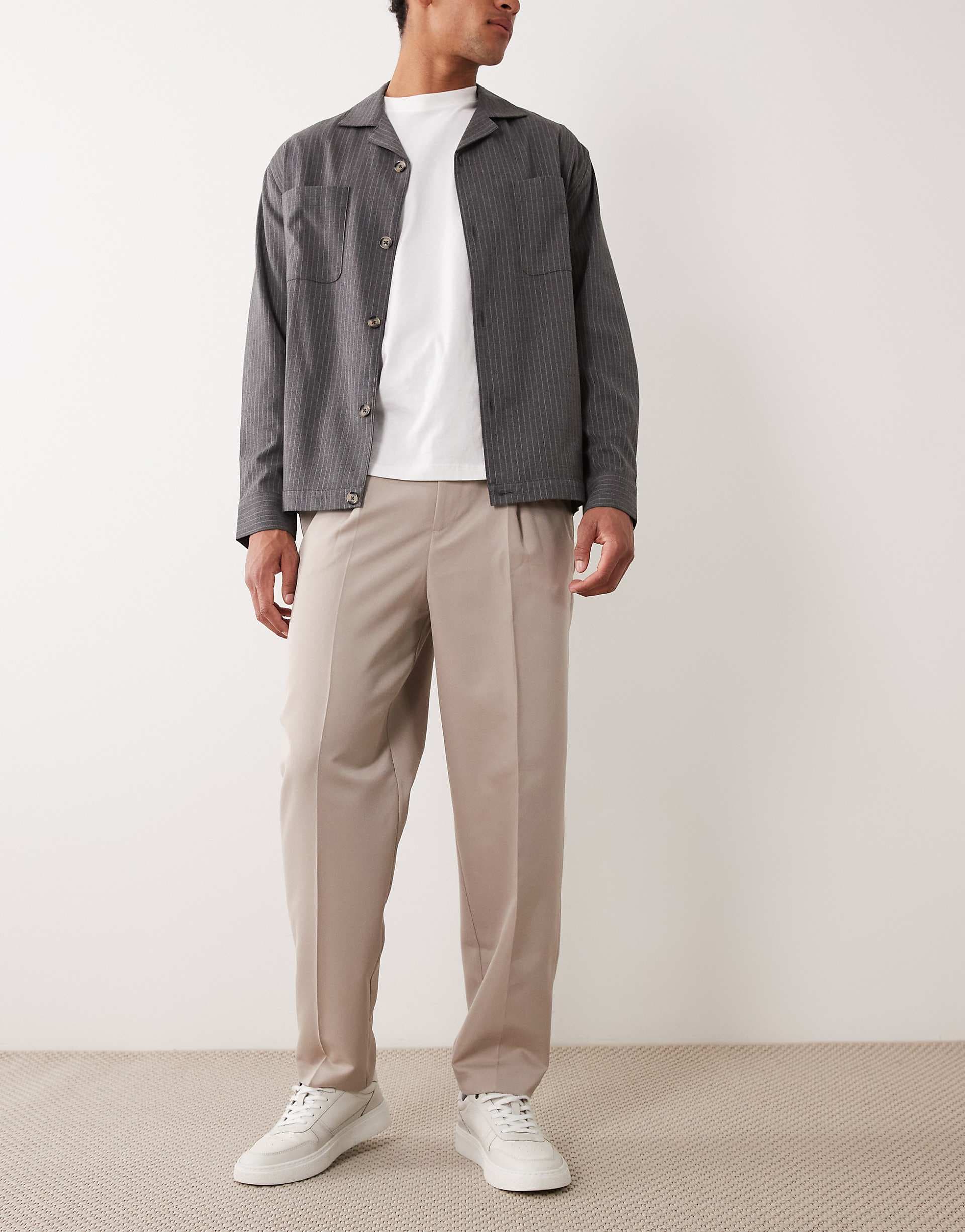 ASOS DESIGN smart pleated relaxed tapered pants in stone