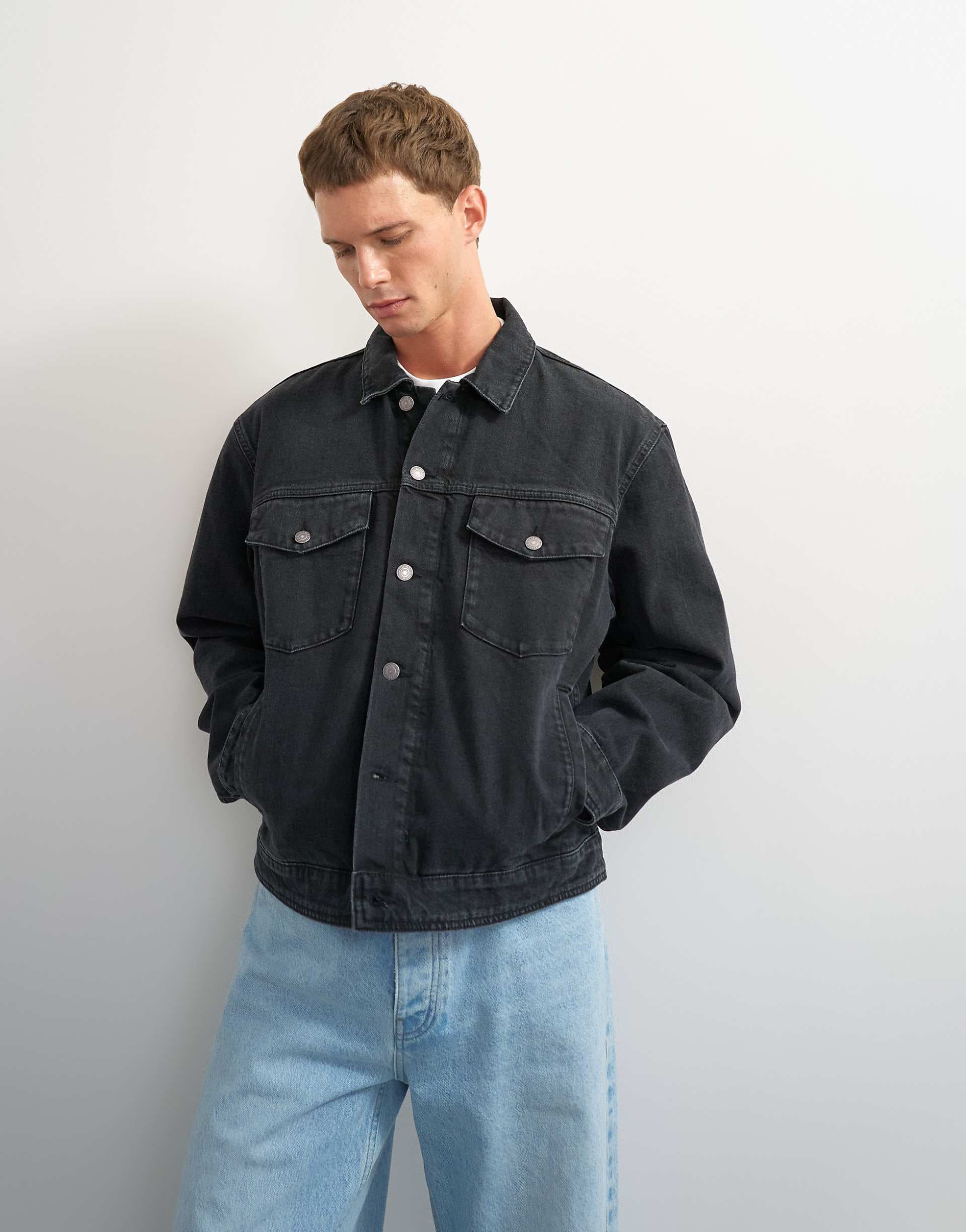 Topman classic fit western denim jacket in washed black