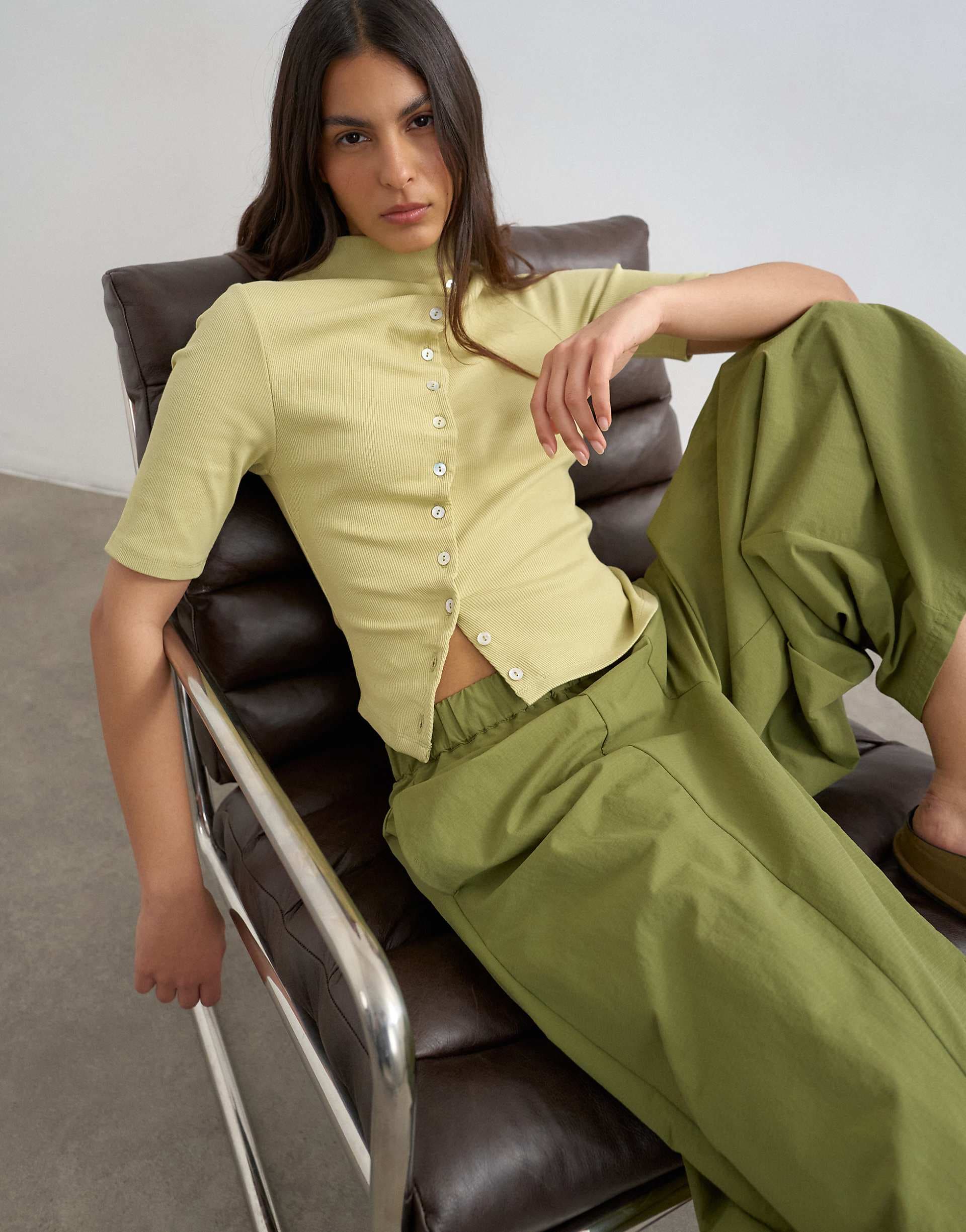 Topshop high neck ruffled button up half sleeve top in soft lime