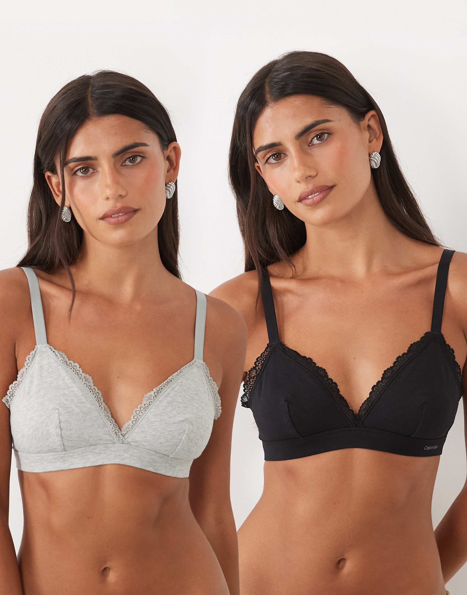 Calvin Klein 2-pack cotton lace detail triangle bras in gray/black