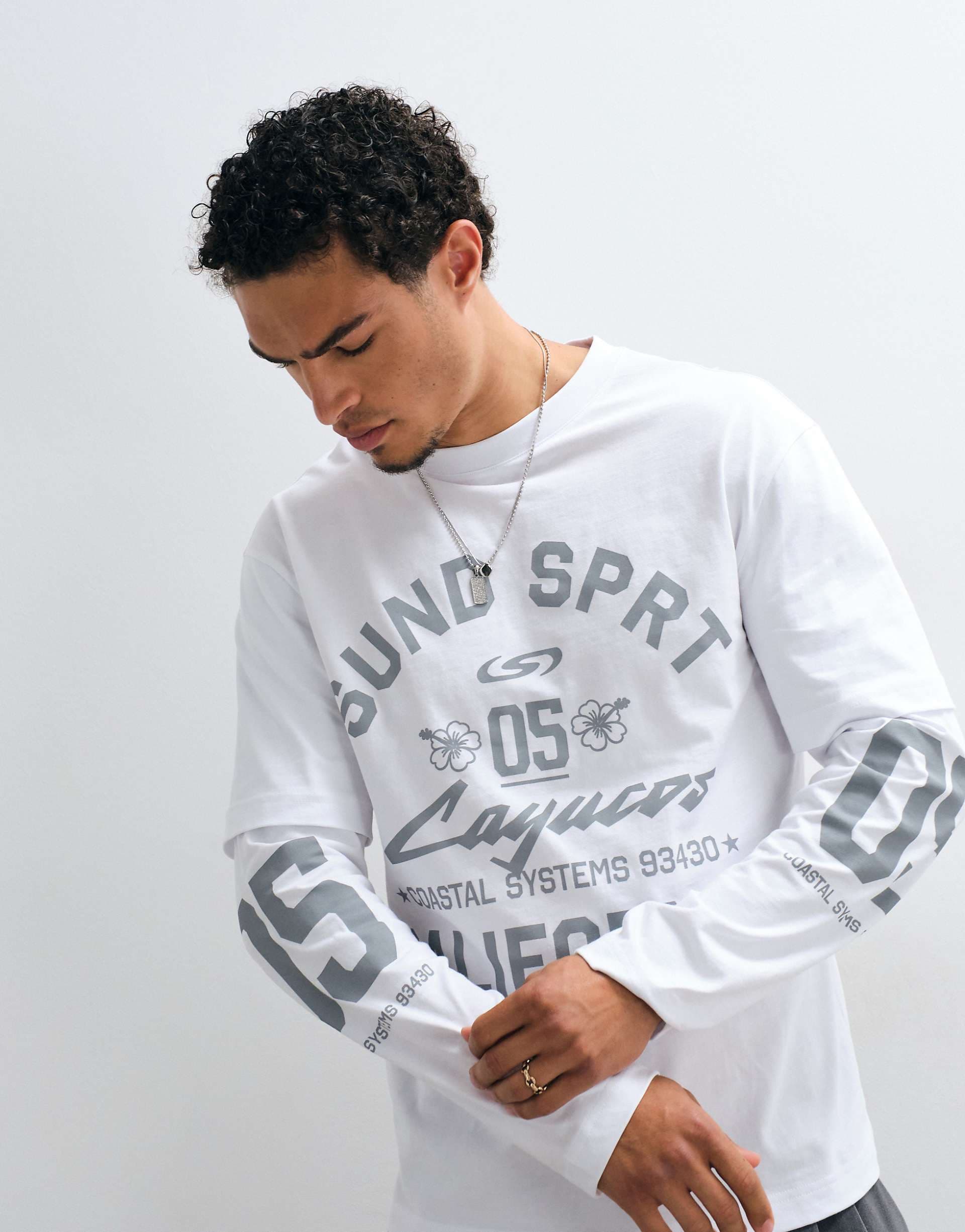ASOS DESIGN double layer relaxed T-shirt with text graphic in white