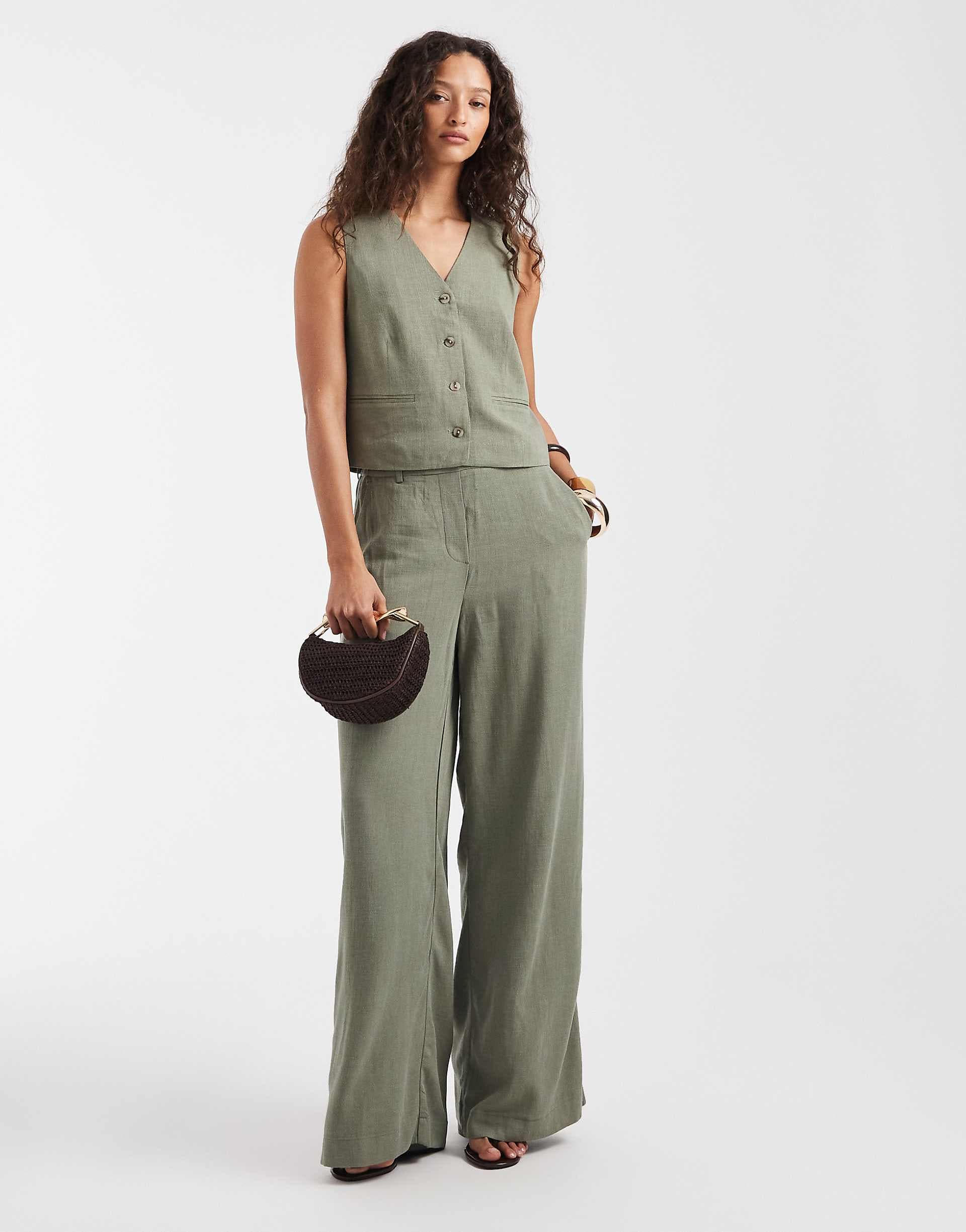PIECES mix & match wide leg tailored pants in dark green