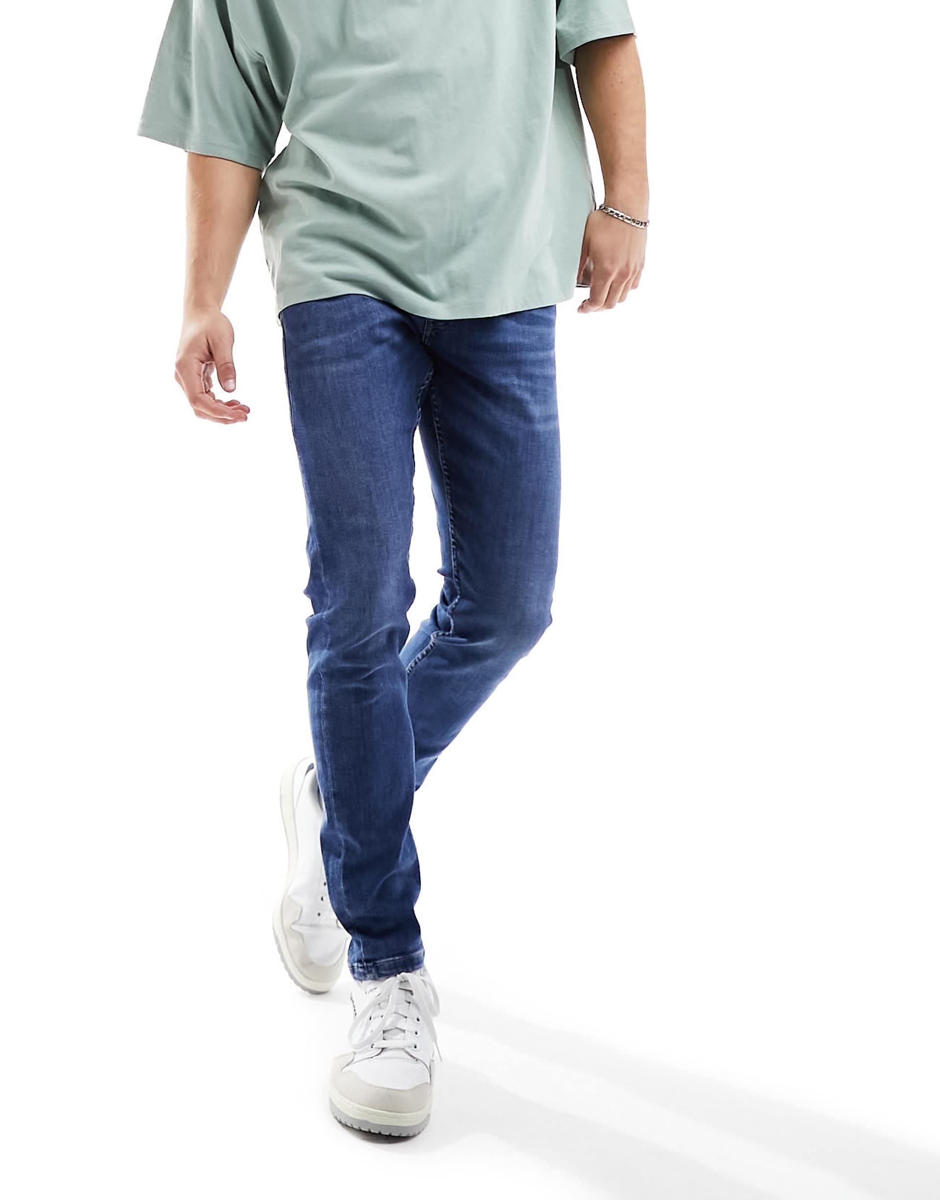 Only & Sons warp skinny fit jeans in mid wash