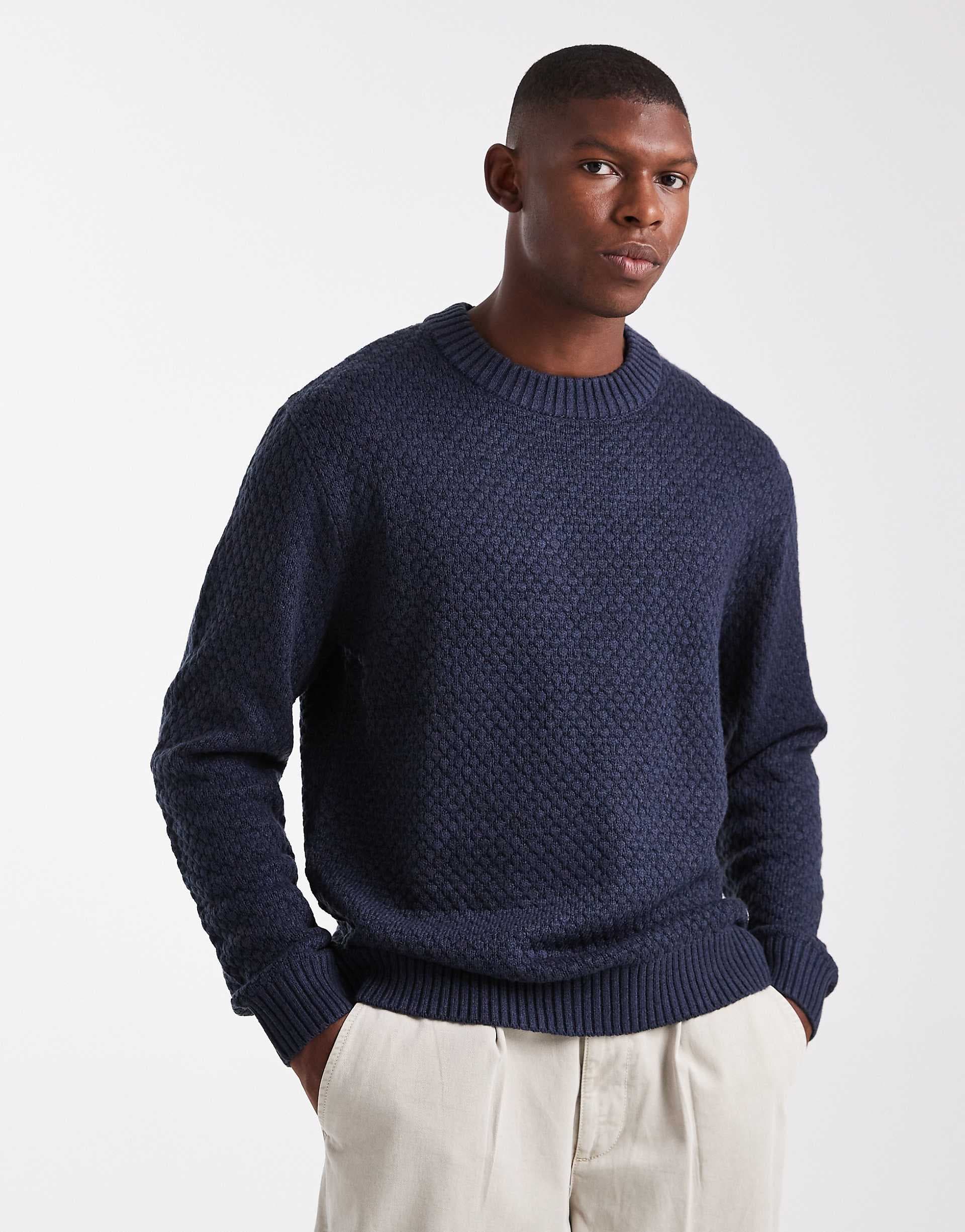JJ Rebel relaxed fit textured crew neck sweater in navy