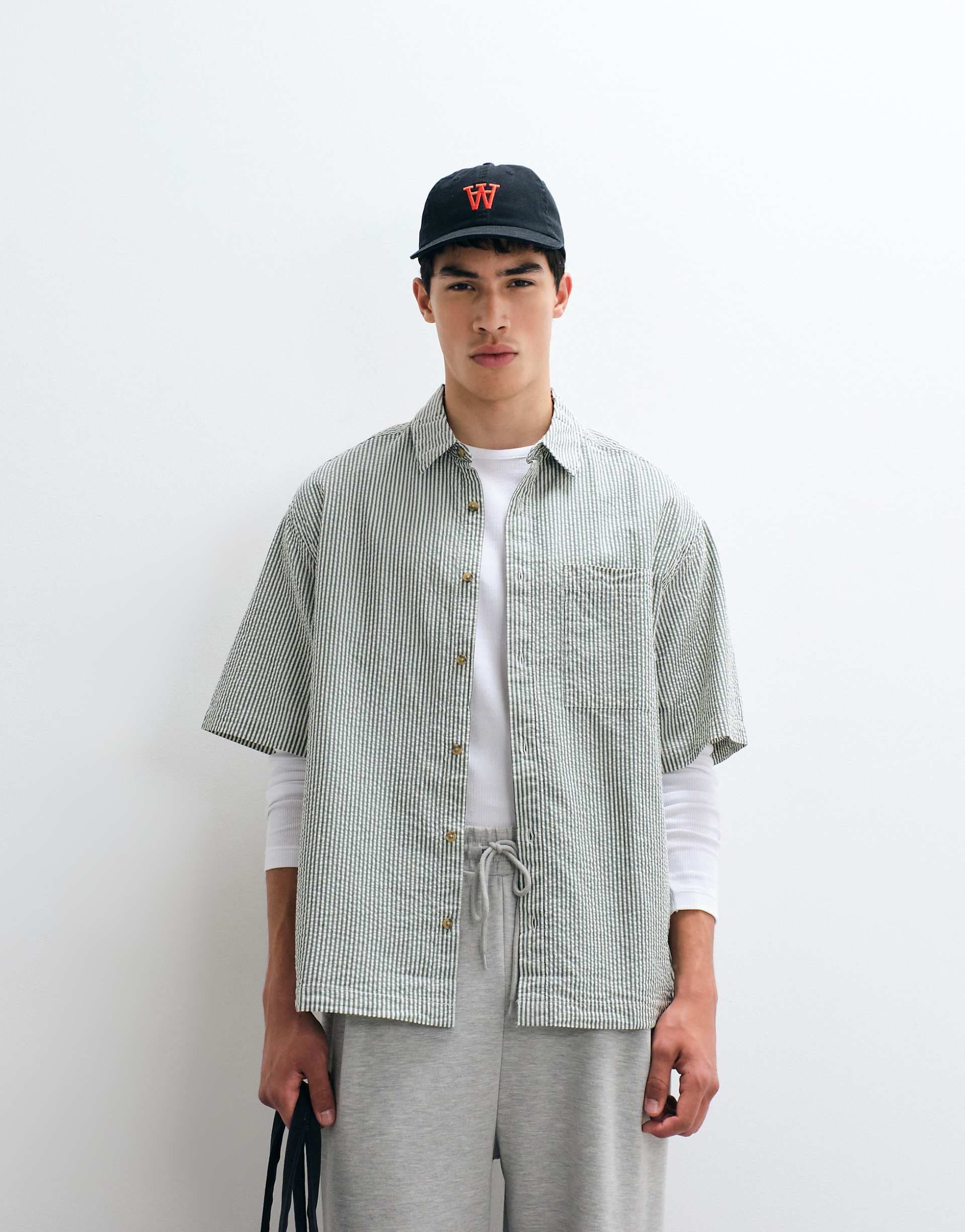 ASOS DESIGN oversized seersucker striped shirt in green