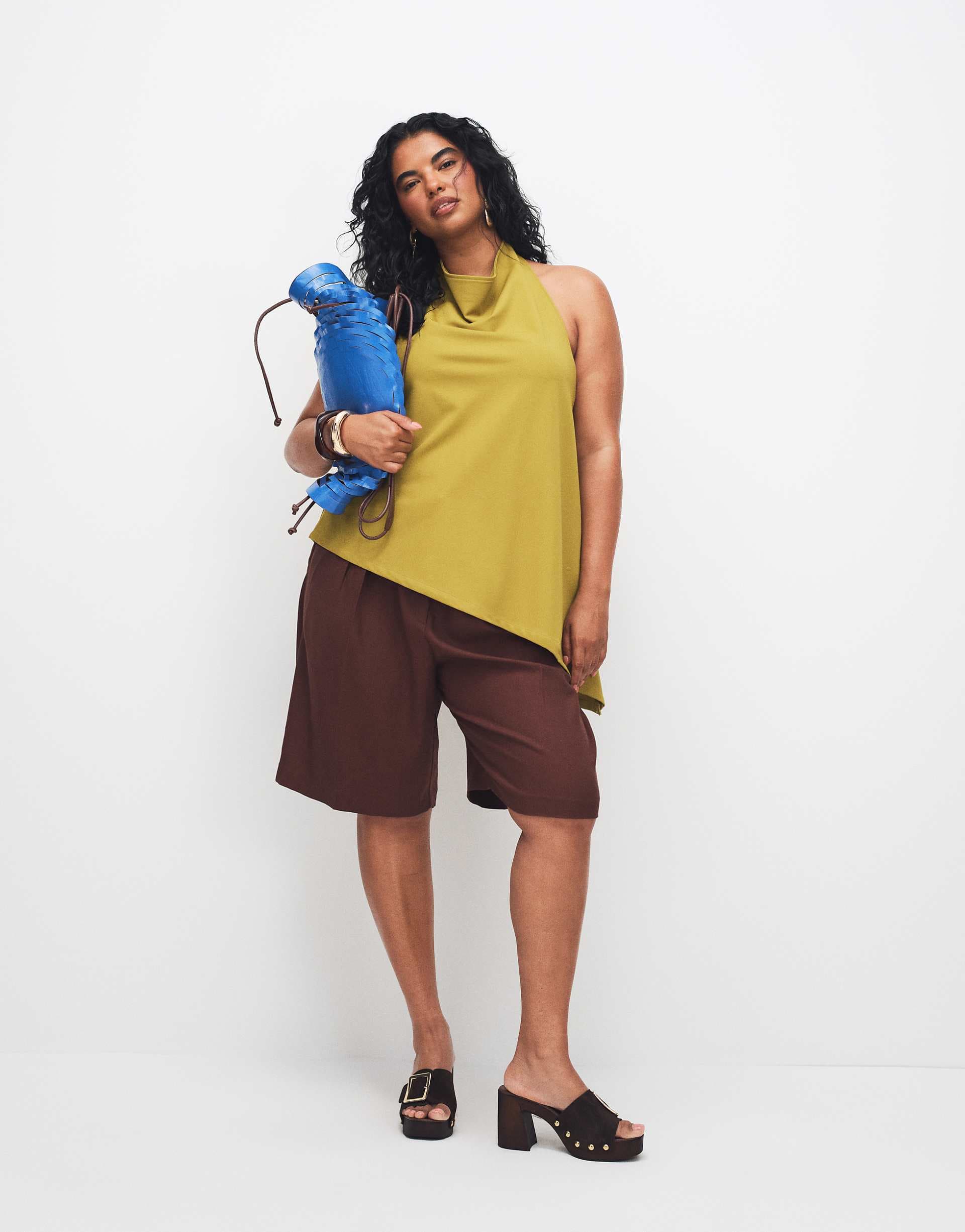ASOS DESIGN Curve tailored bermuda shorts with linen in brown