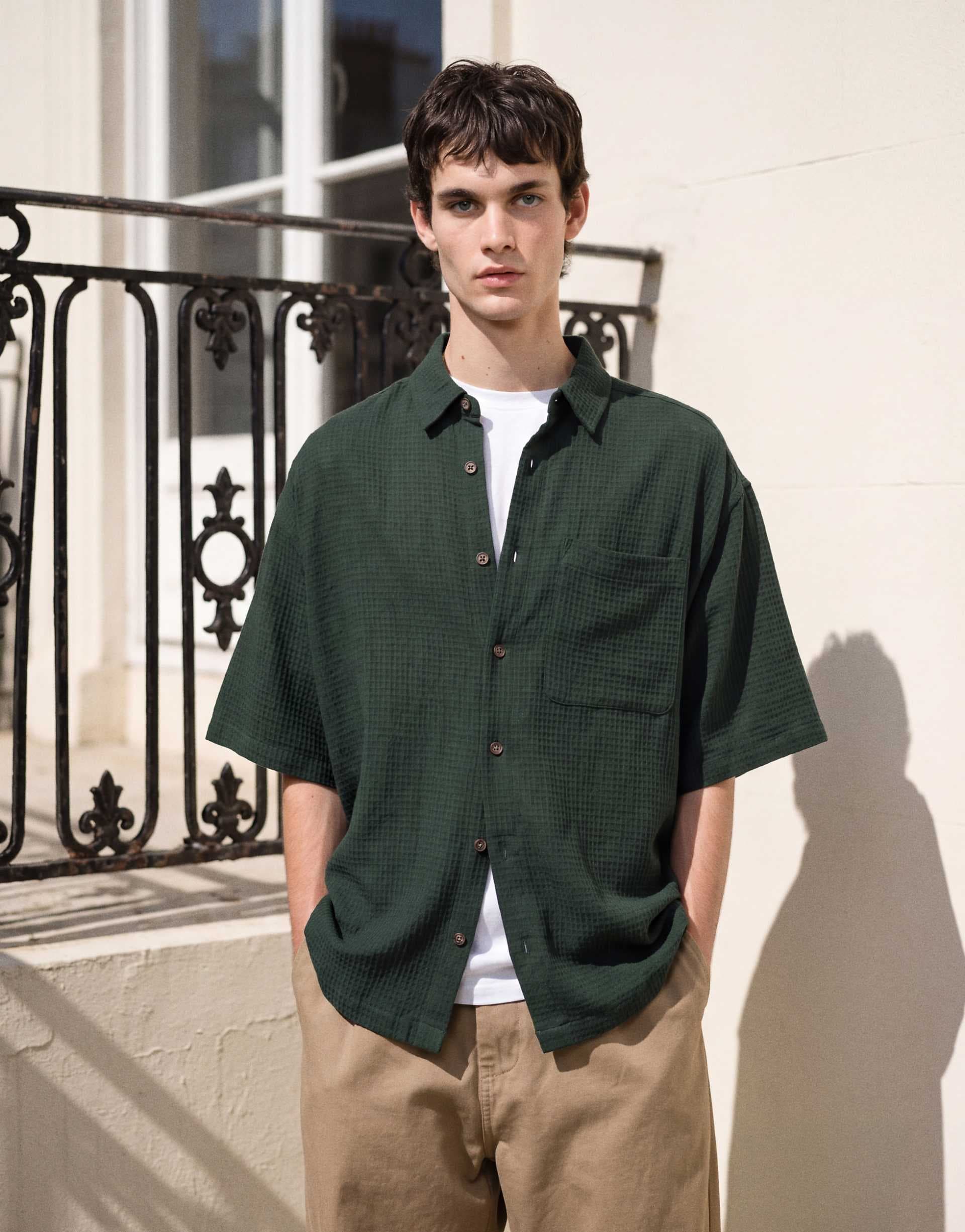 ASOS DESIGN oversized waffle textured shirt in green