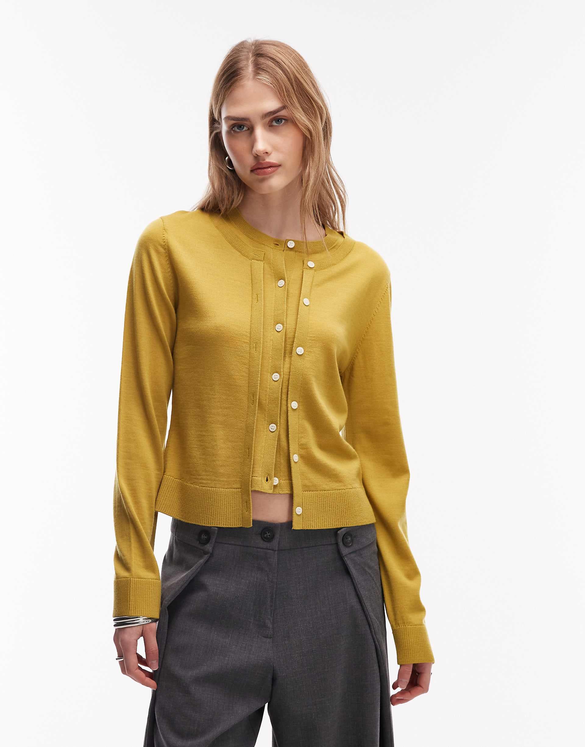 & Other Stories pure wool double up cardigan in mustard yellow