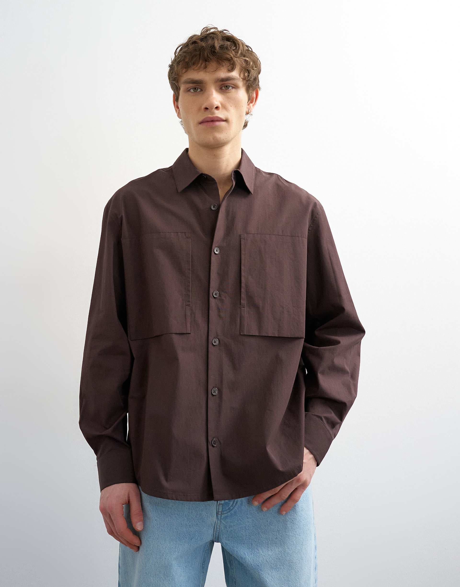 Topman relaxed fit poplin shirt in brown