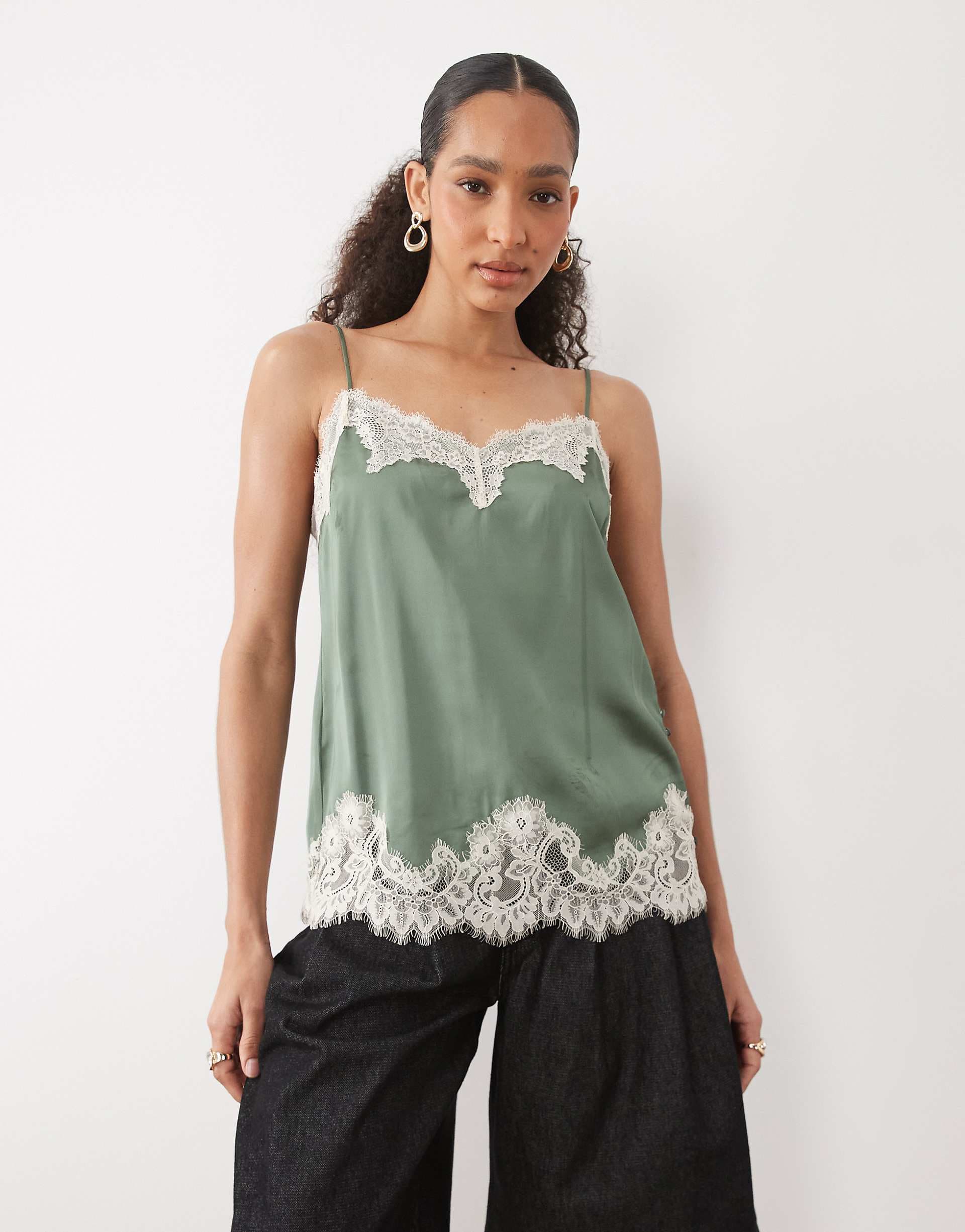 Abercrombie & Fitch satin cami top with lace detailing in sage green