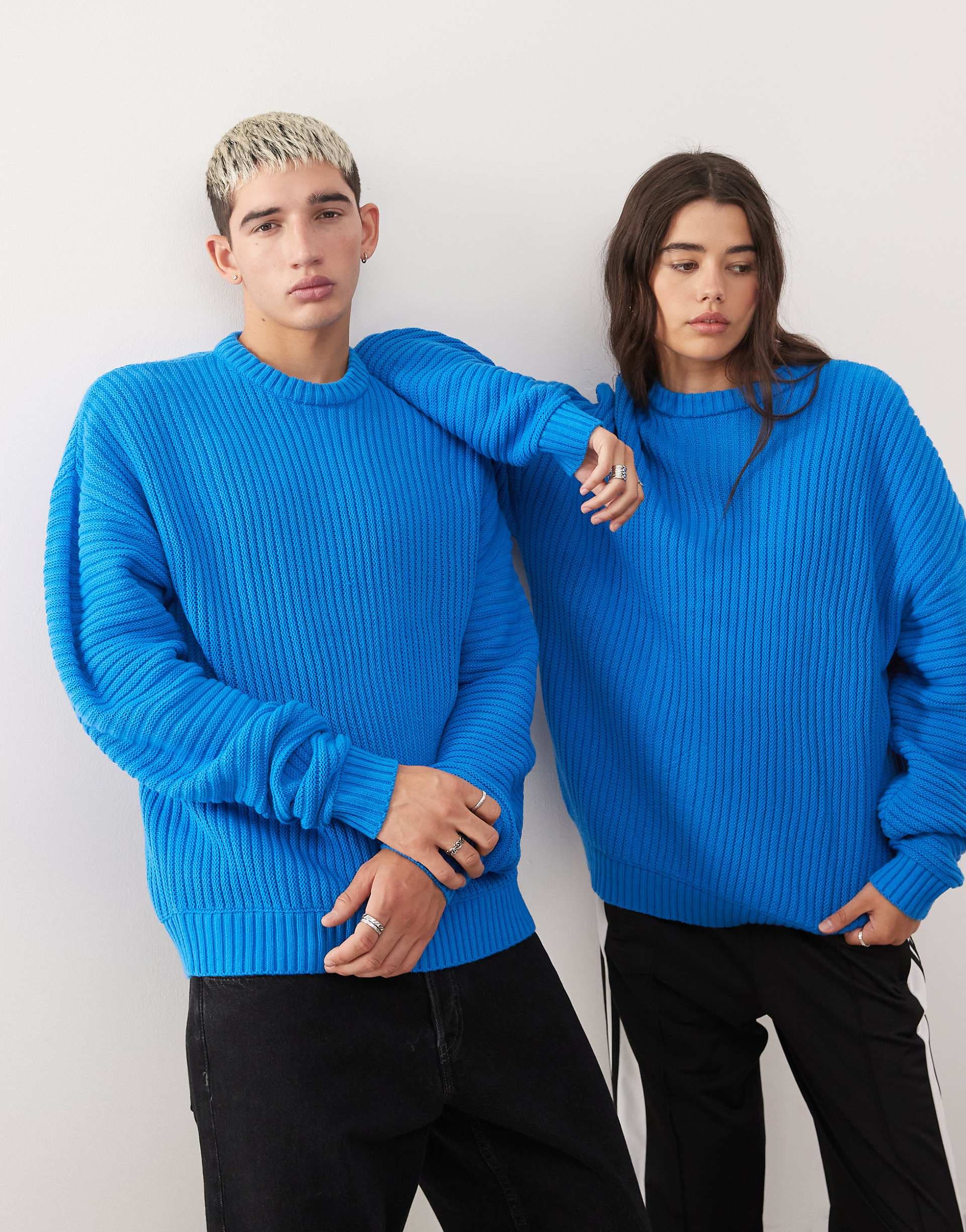 COLLUSION Unisex fisherman rib knit sweater in blue