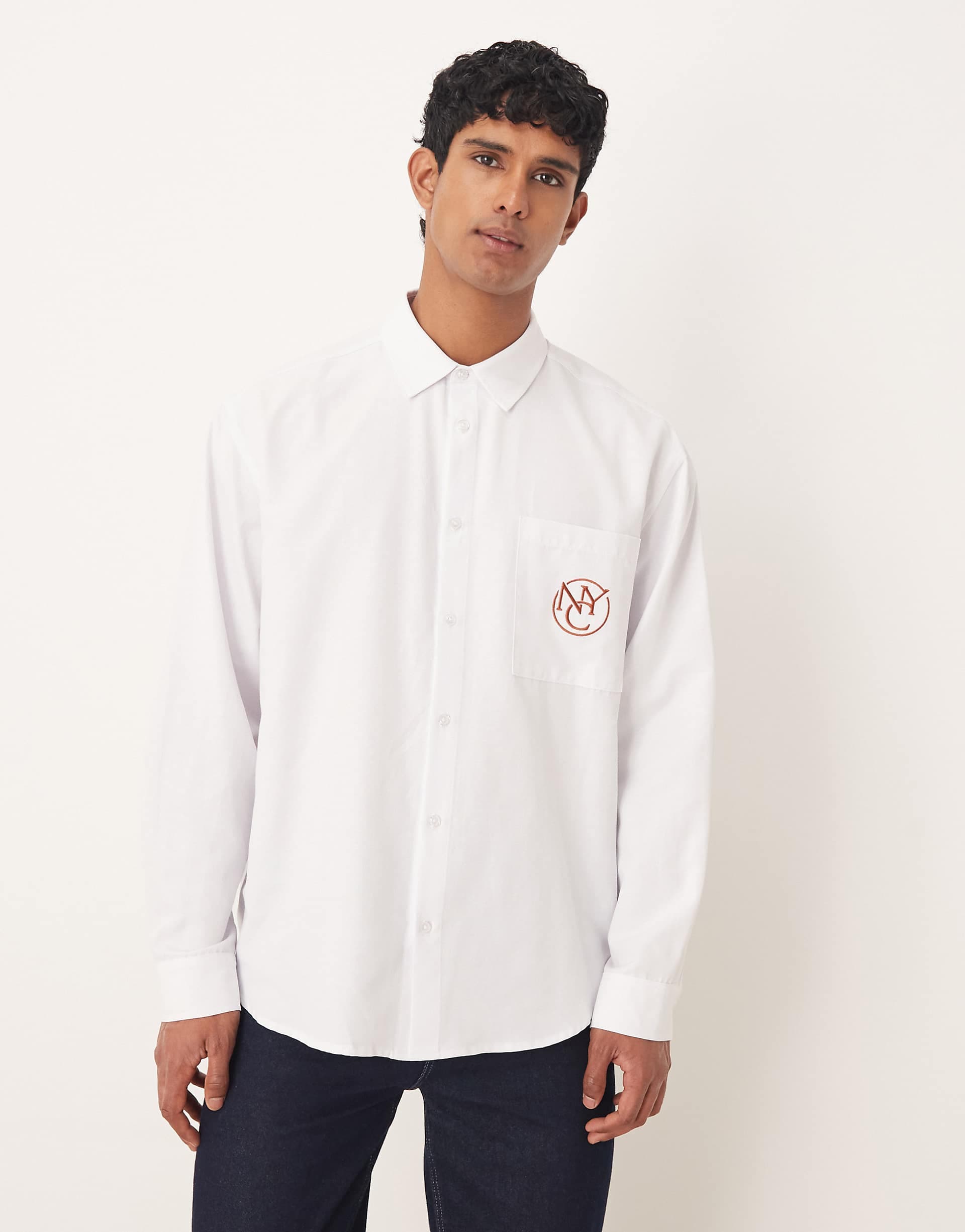 ASOS DESIGN oversized shirt with chest embroidery in white