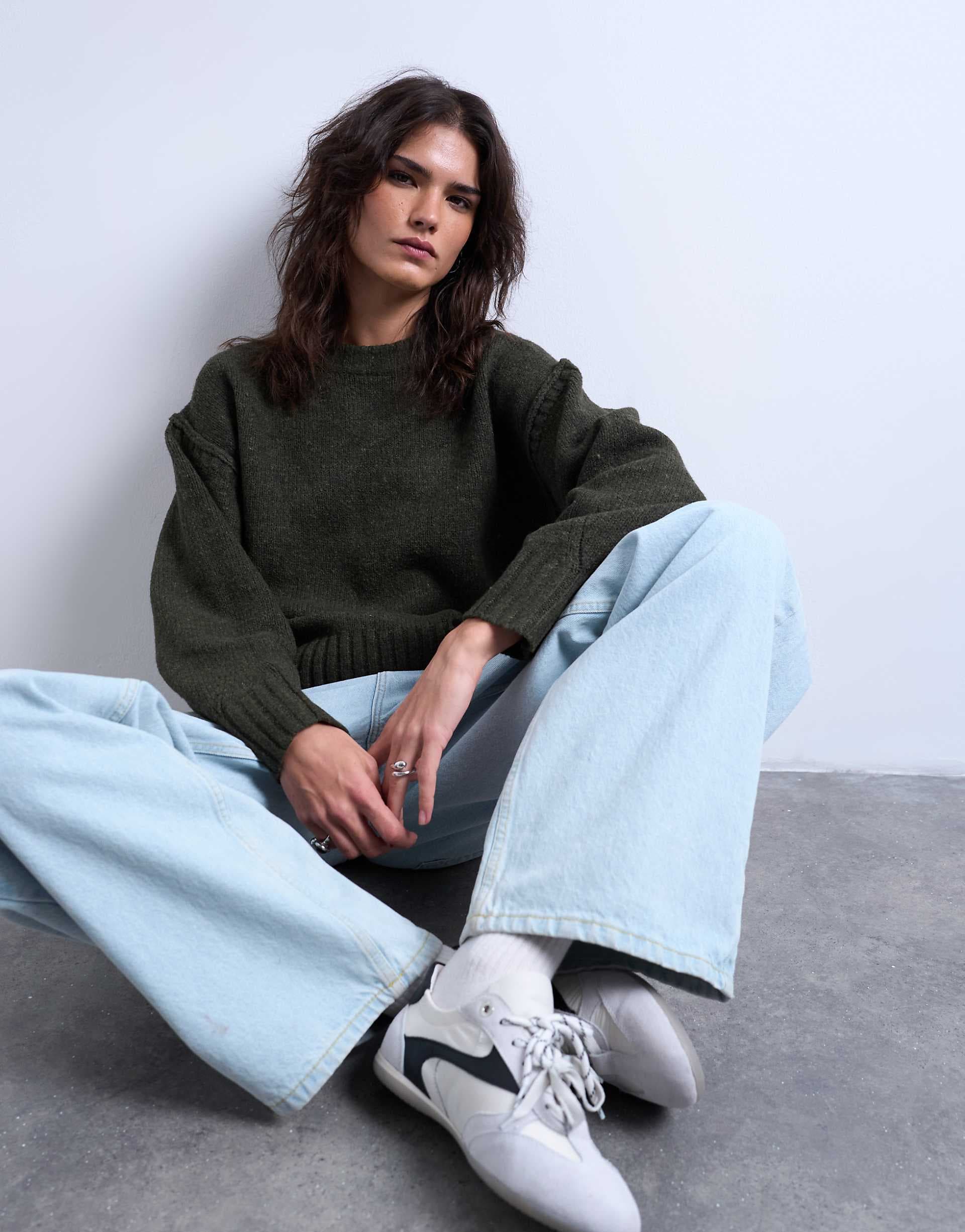 Topshop knitted clean exposed seam sweater in khaki