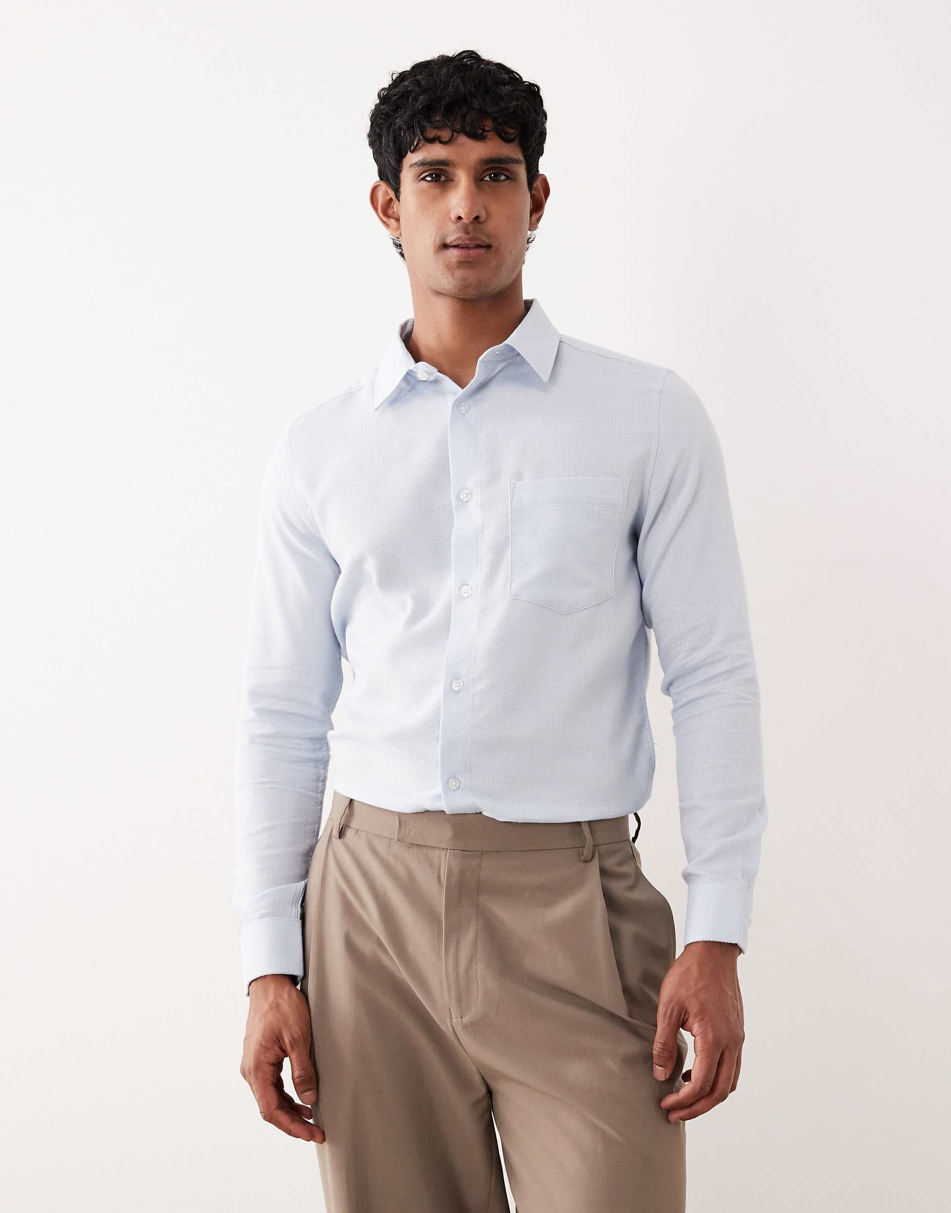 ASOS DESIGN slim textured easy iron dress shirt in blue