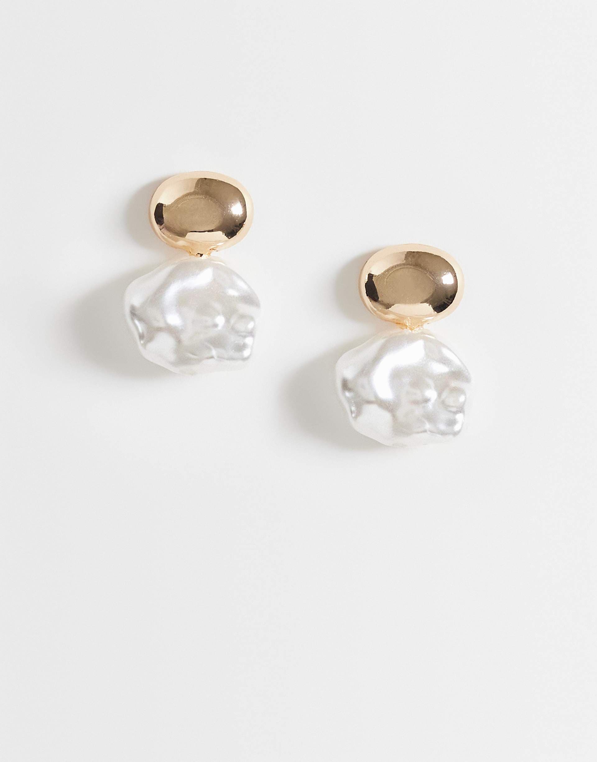 ASOS DESIGN small stud earrings with double drop faux-pearl design in gold tone