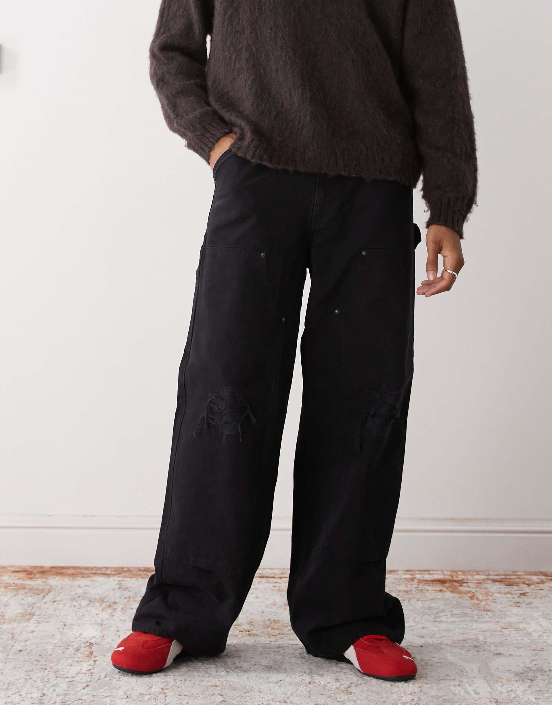 Weekday oversized canvas workwear pants in washed black